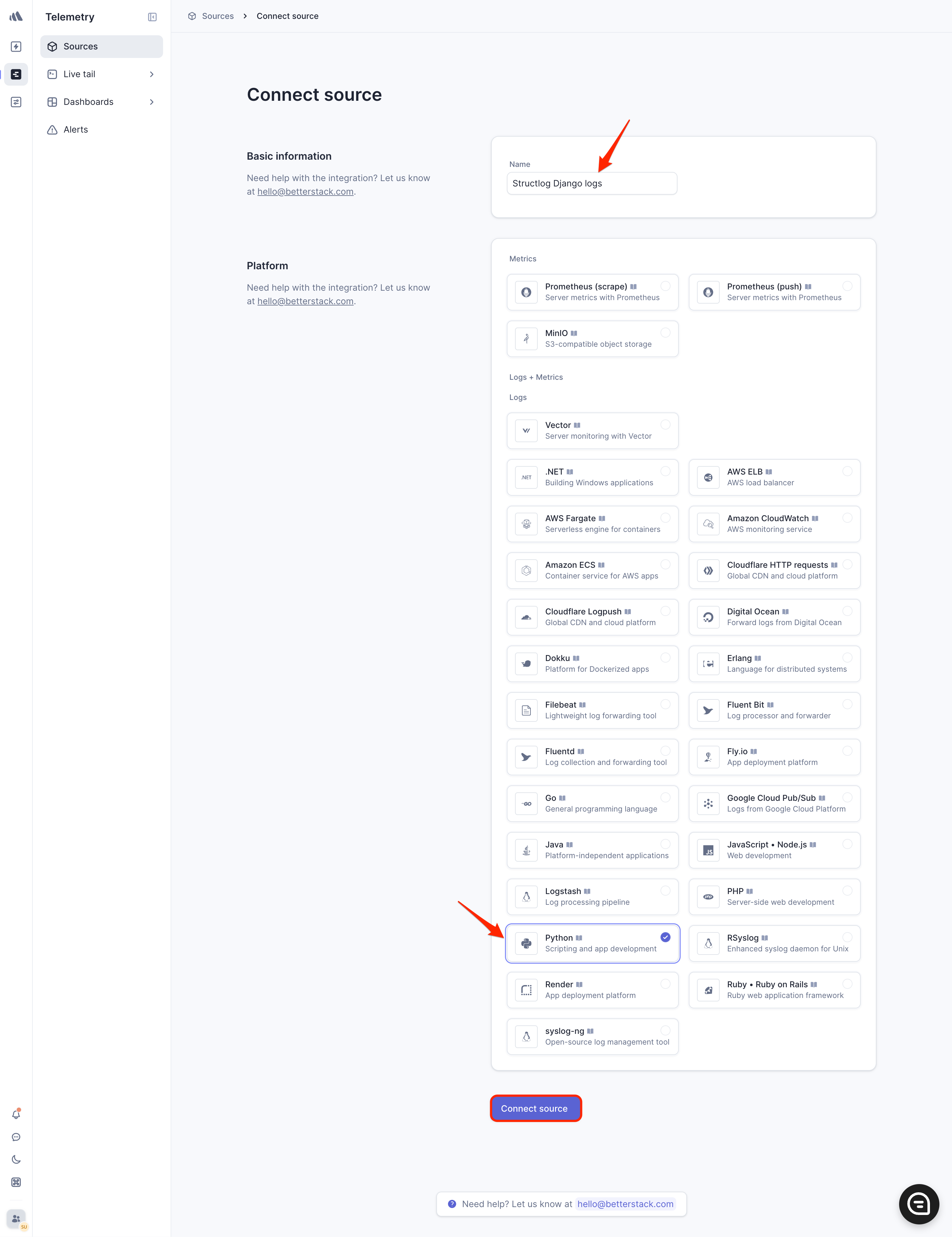 Create source dialog with name field filled and Python platform selected