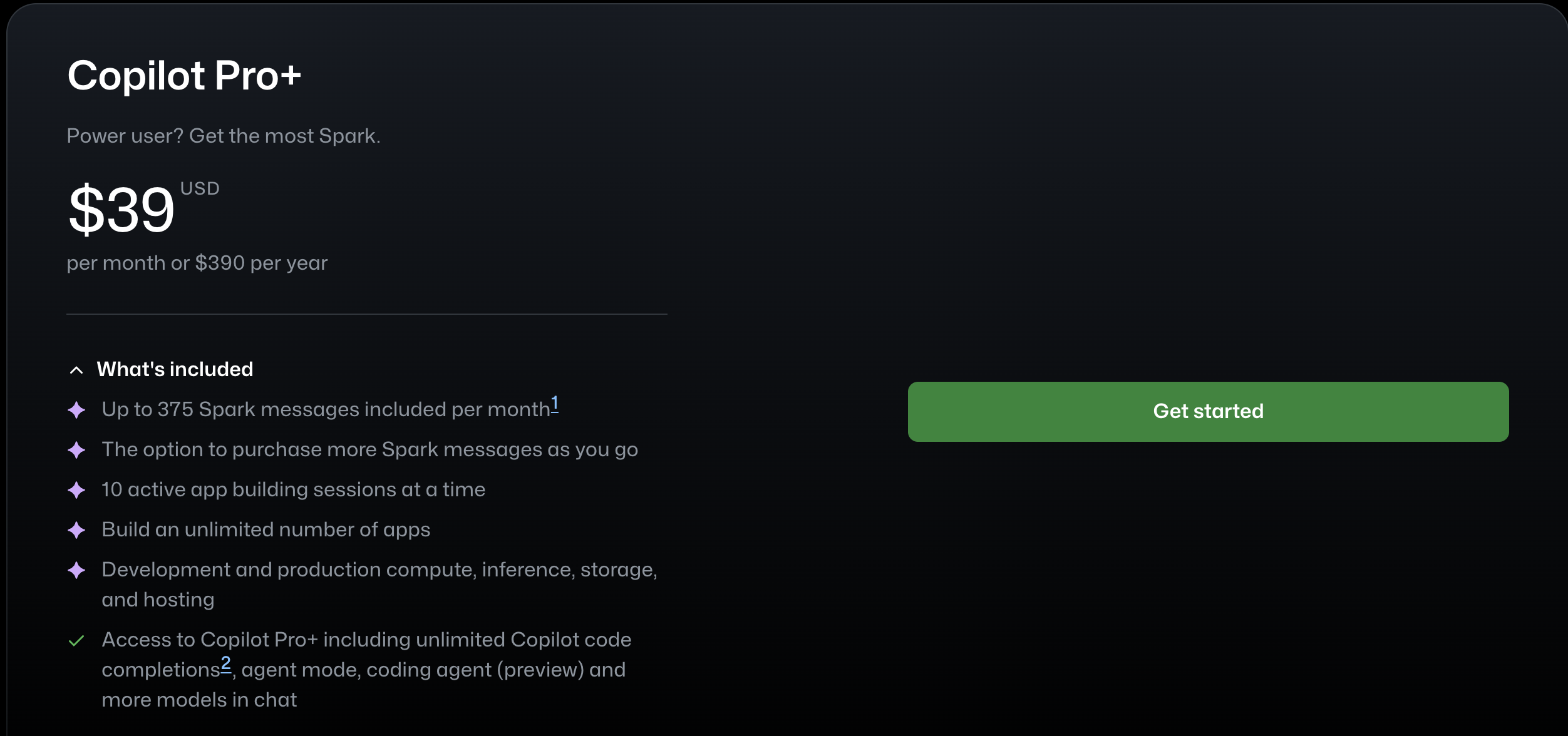 GitHub Spark pricing showing integration with GitHub Copilot Pro+ subscription and included features