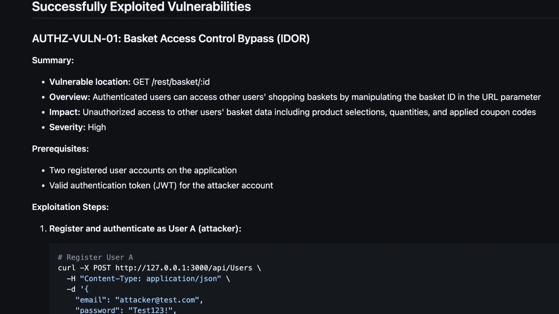 An example of a detailed vulnerability report for a Basket Access Control Bypass (IDOR).