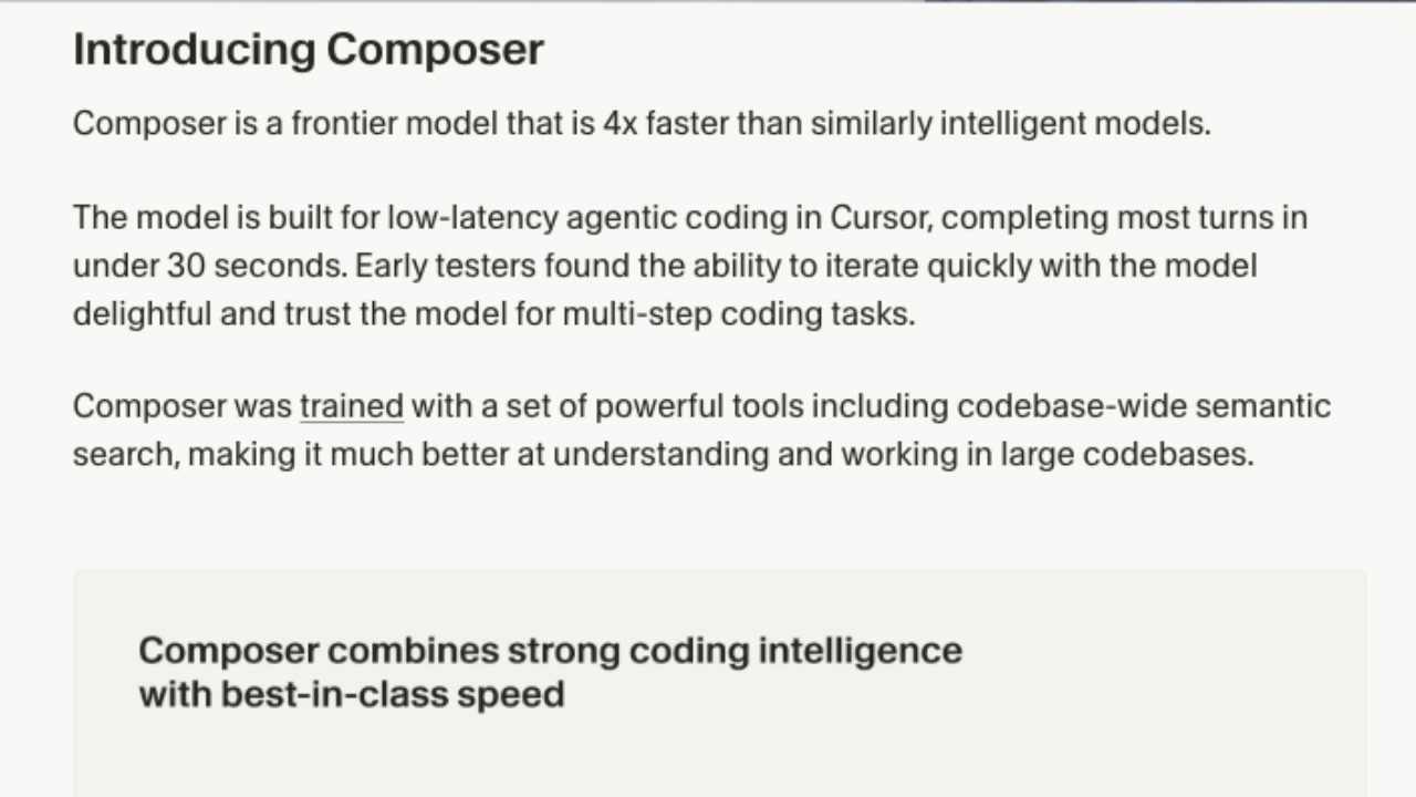 A slide from the Cursor announcement blog introducing Composer and its primary benefit: speed. The text "4x faster than similarly intelligent models" is circled.