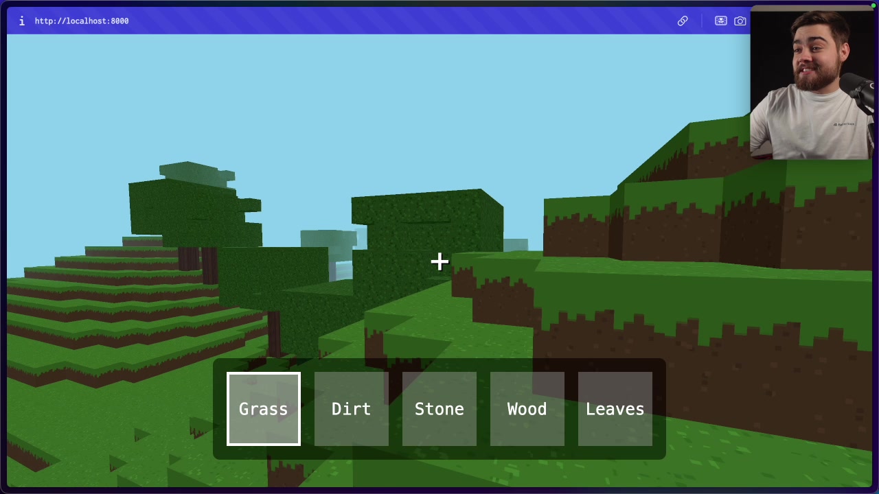 A view of the generated 3D Minecraft clone, showing a blocky landscape with procedurally generated trees and a user interface for selecting blocks.