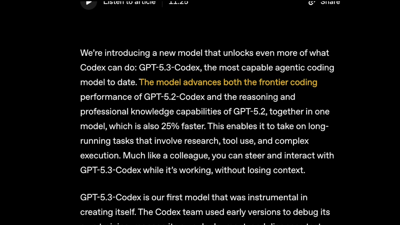 A screenshot from OpenAI's blog post detailing the model's advancements. The highlighted text reads: "The model advances both the frontier coding performance of GPT-5.2-Codex and the reasoning and professional knowledge capabilities of GPT-5.2, together in one model, which is also 25% faster."