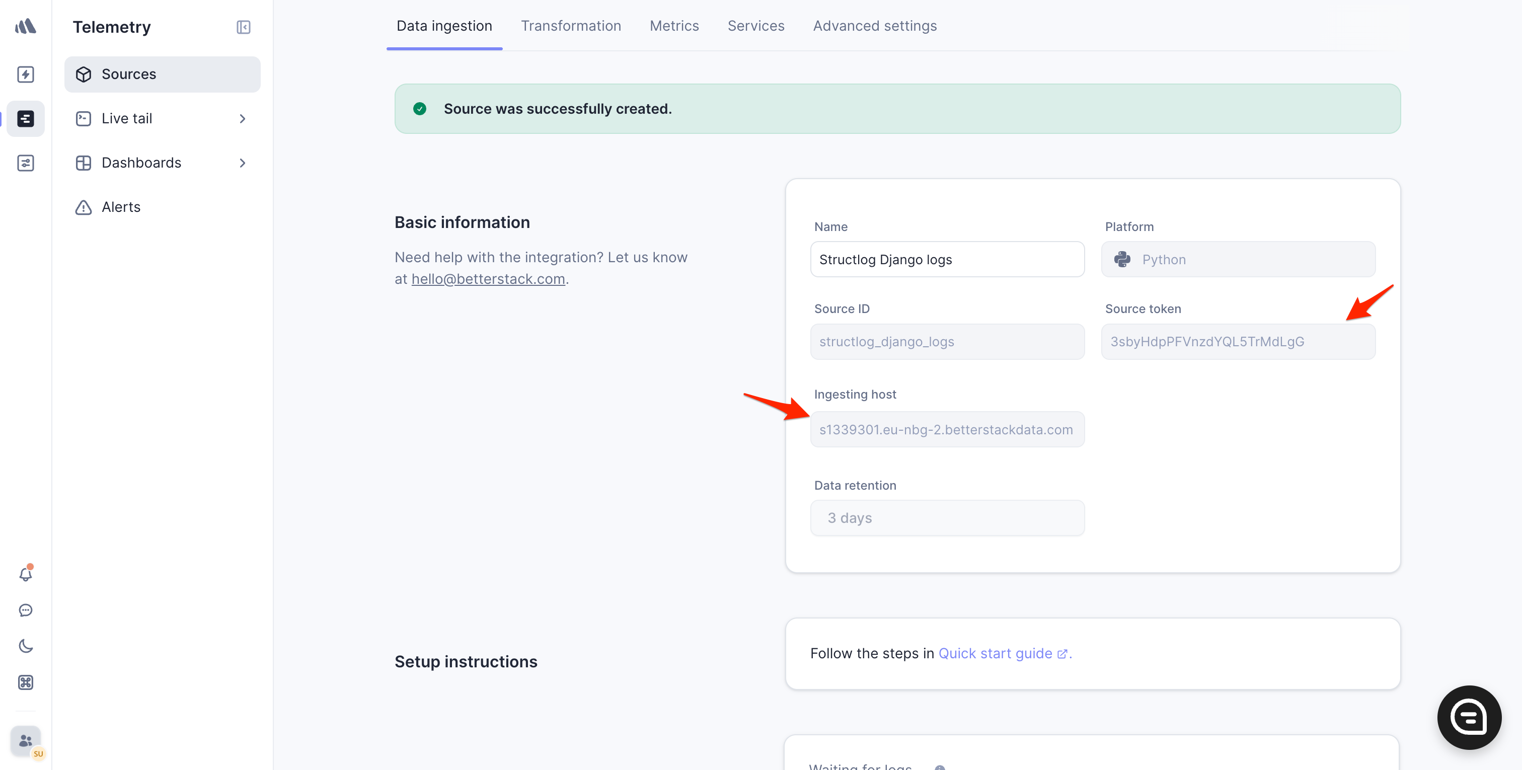 Source creation success page displaying the source token and ingestion endpoint