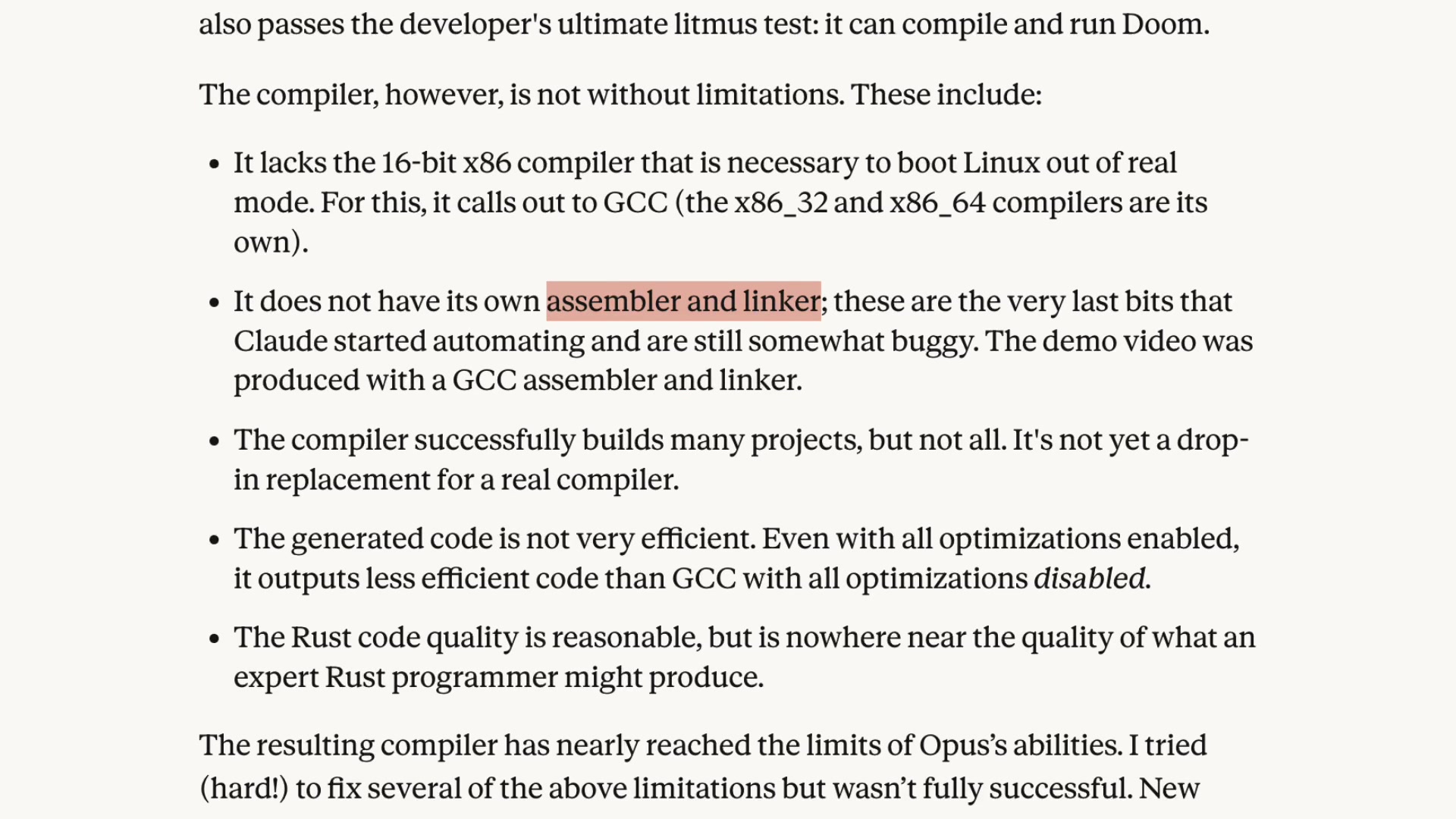 A text snippet listing the compiler's limitations.