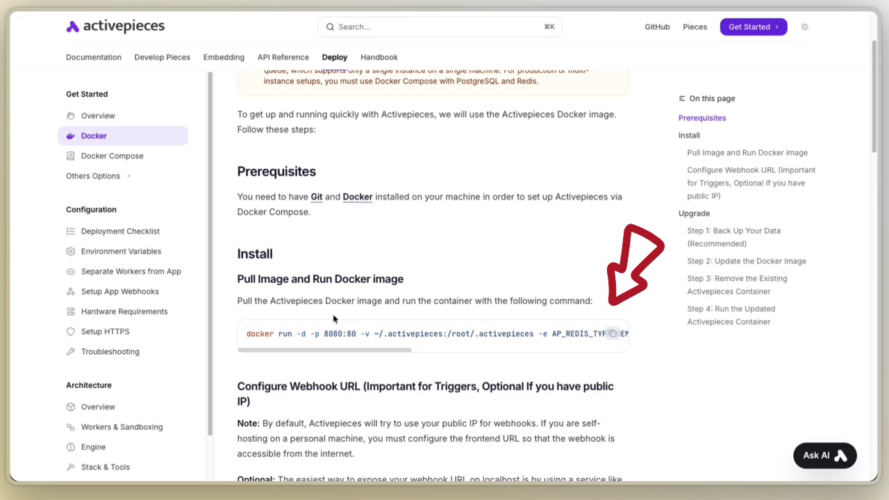 The documentation page showing the single Docker command needed for a fast installation.