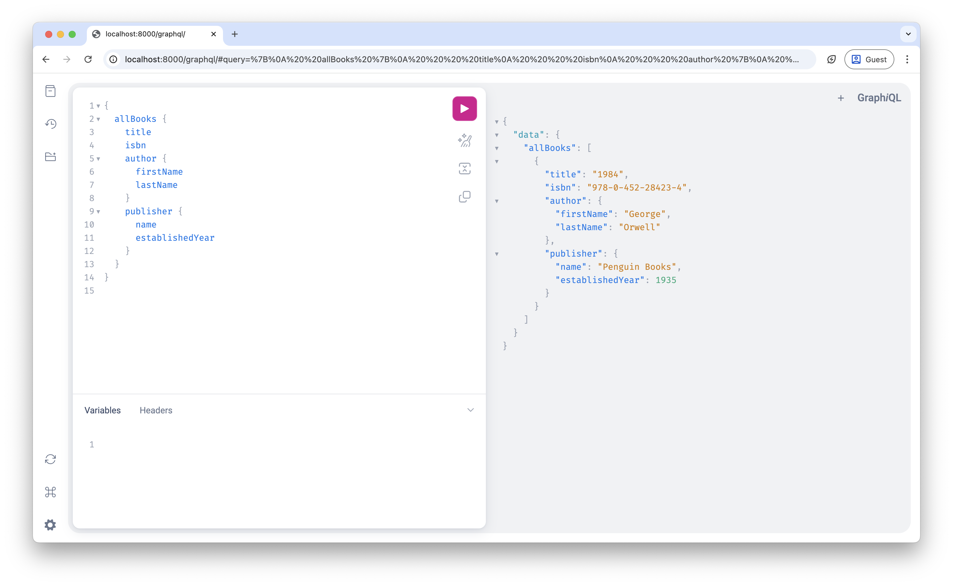 Screenshot showing the books with relationships query results in GraphiQL