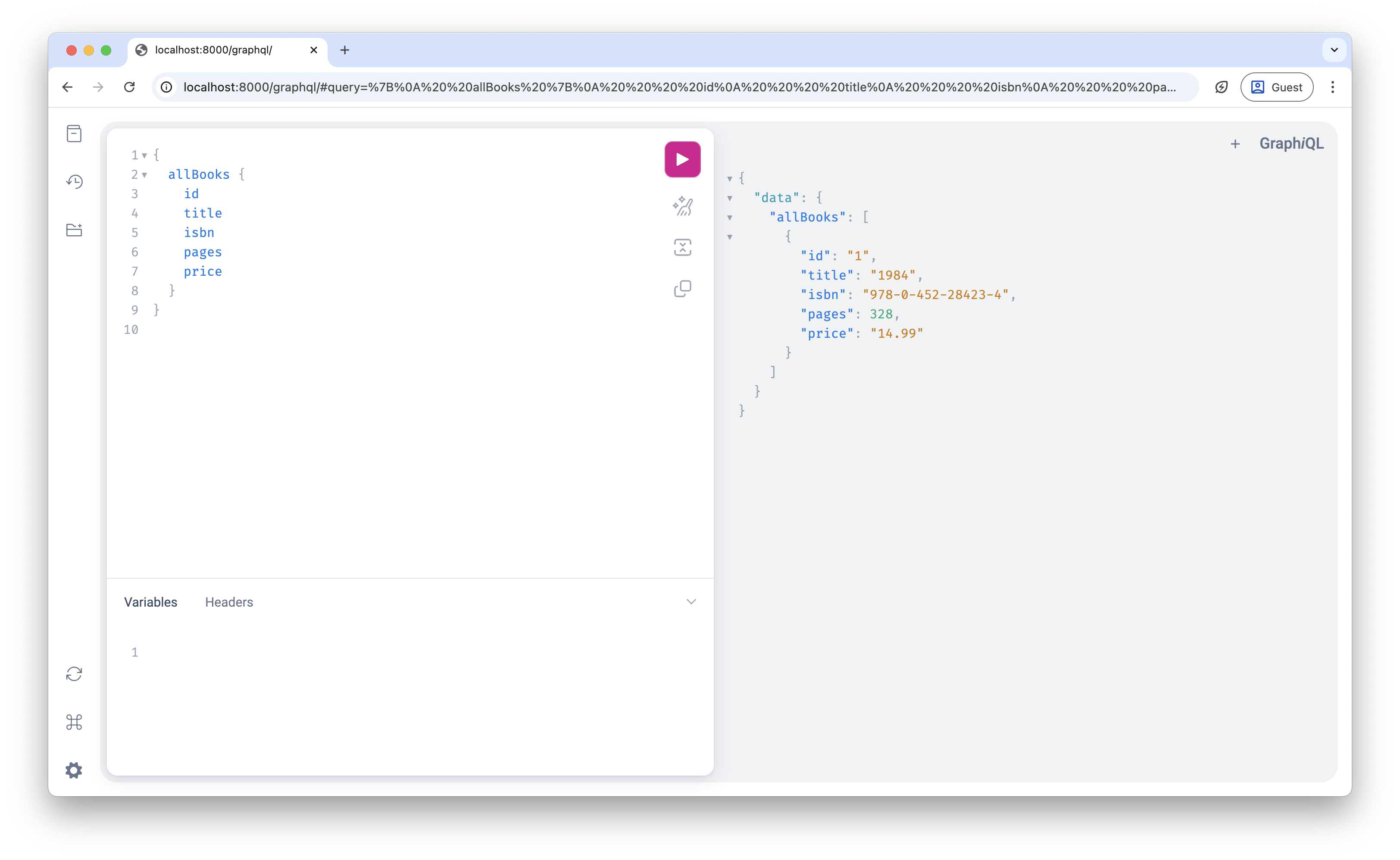 Screenshot showing the all books query results in GraphiQL