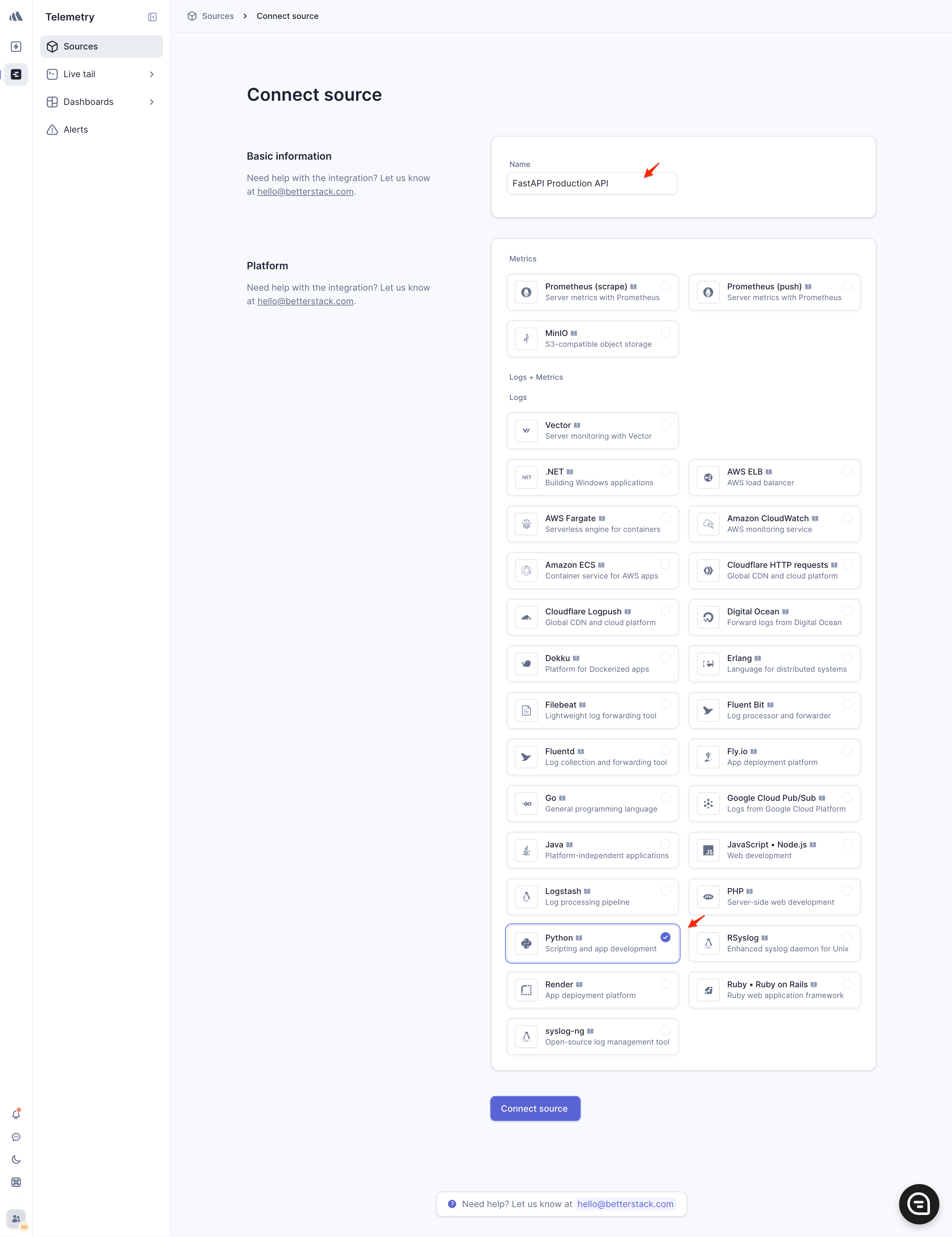 Creating a new source in Better Stack