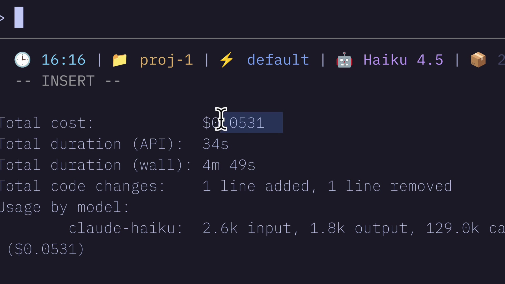A screenshot of the terminal shows the total cost ($0.0531) and token usage (2.6k input, 1.8k output) for a simple task performed without React Grab