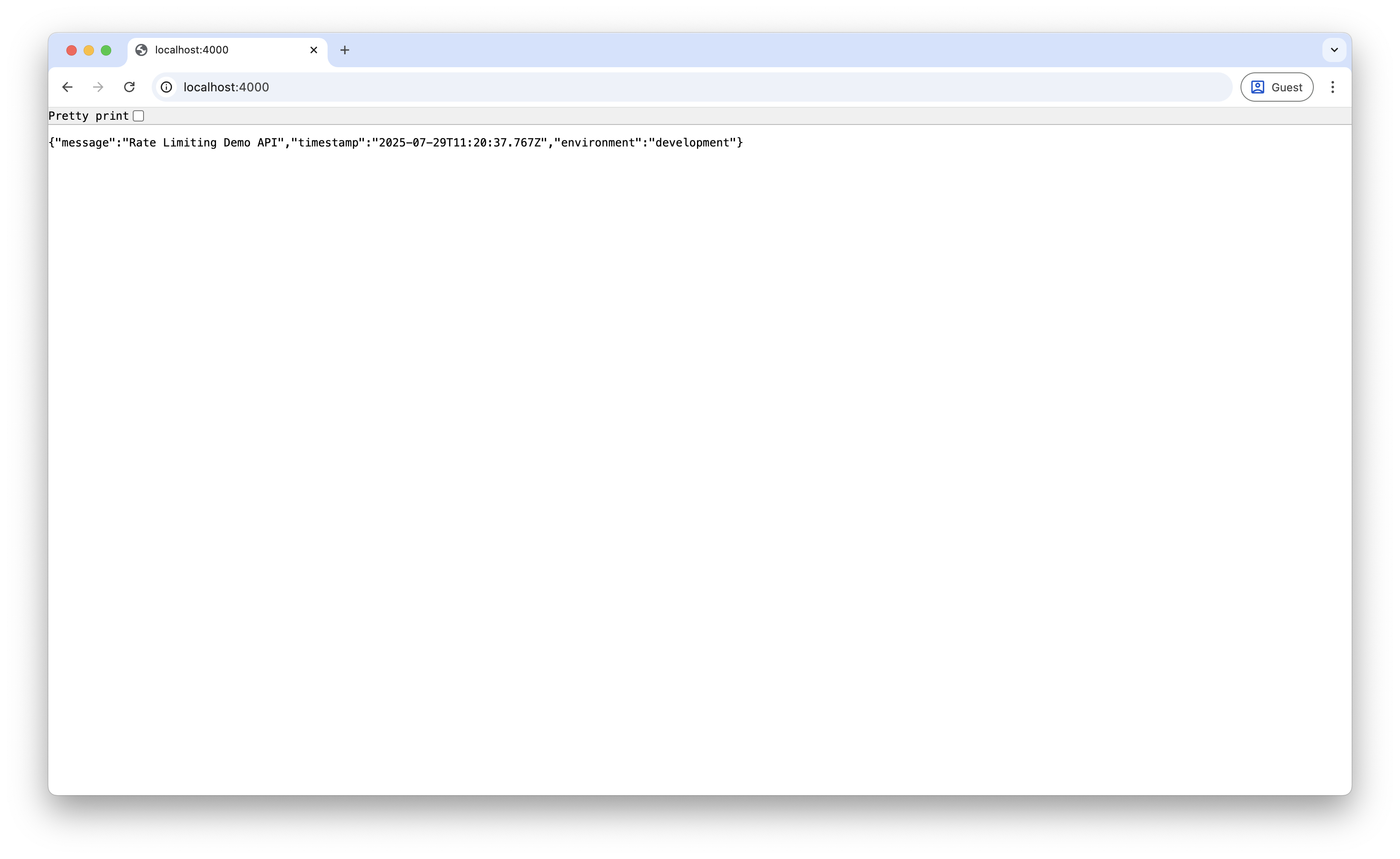 Express server response showing API welcome message with timestamp and environment data