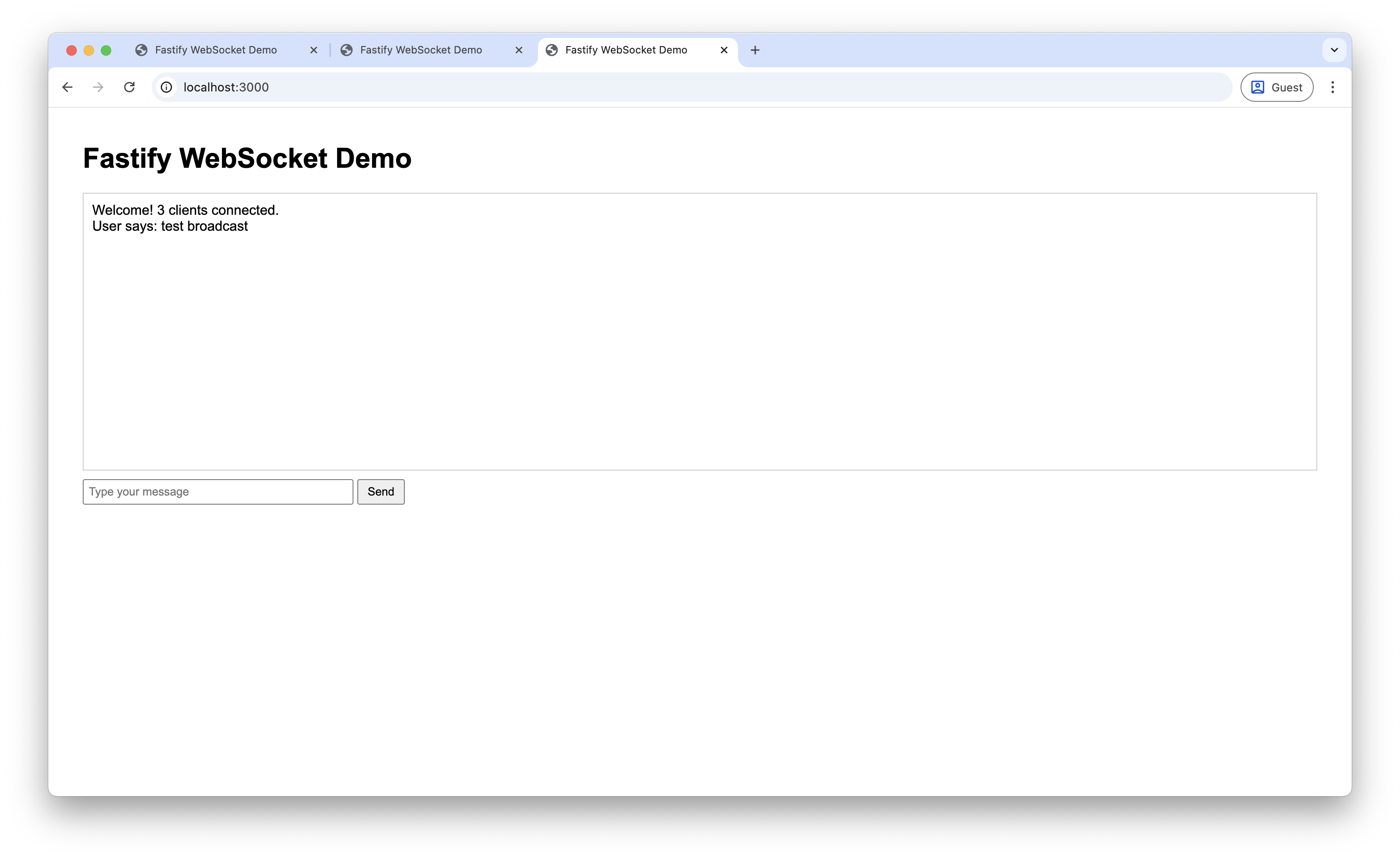 Screenshot of message broadcasting across multiple clients