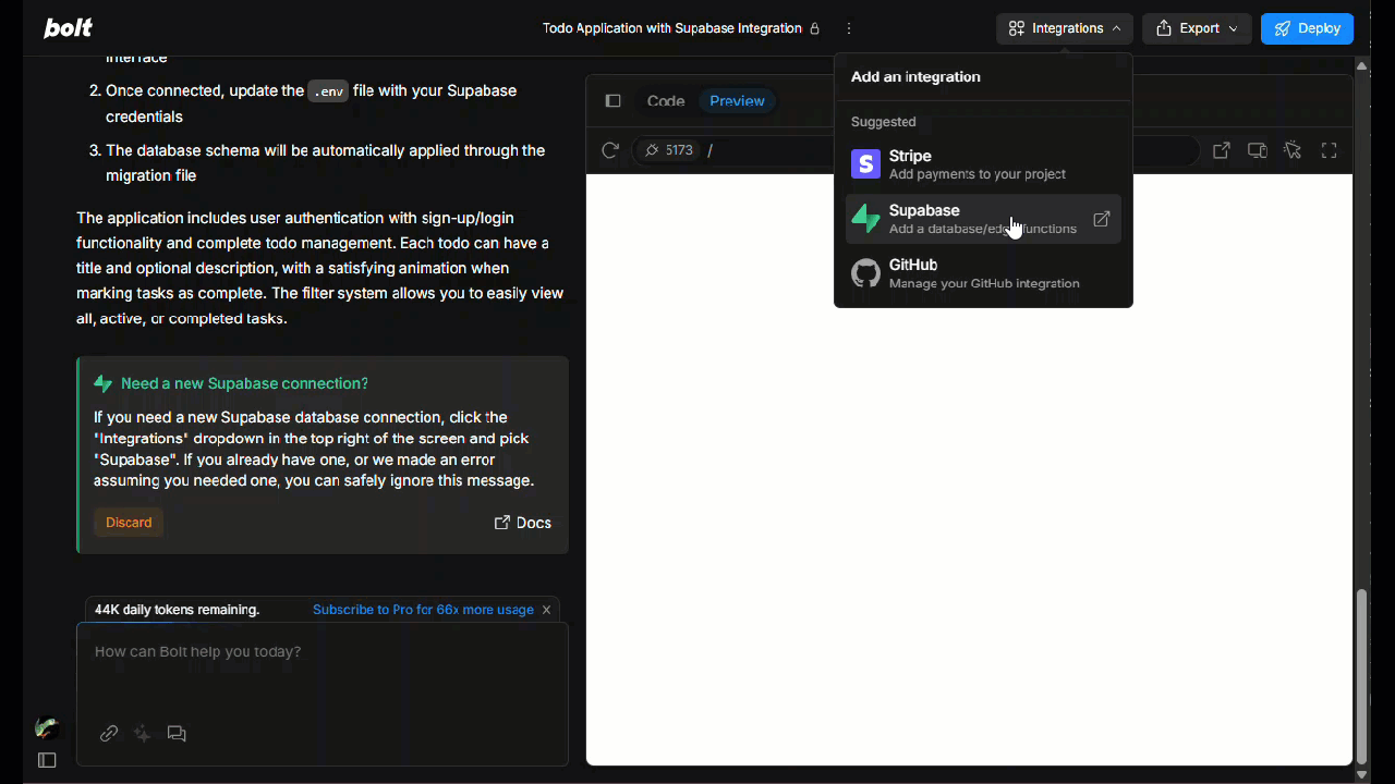Bolt.new integrations showing automatic service detection for Stripe, Supabase, Netlify, and authentication providers