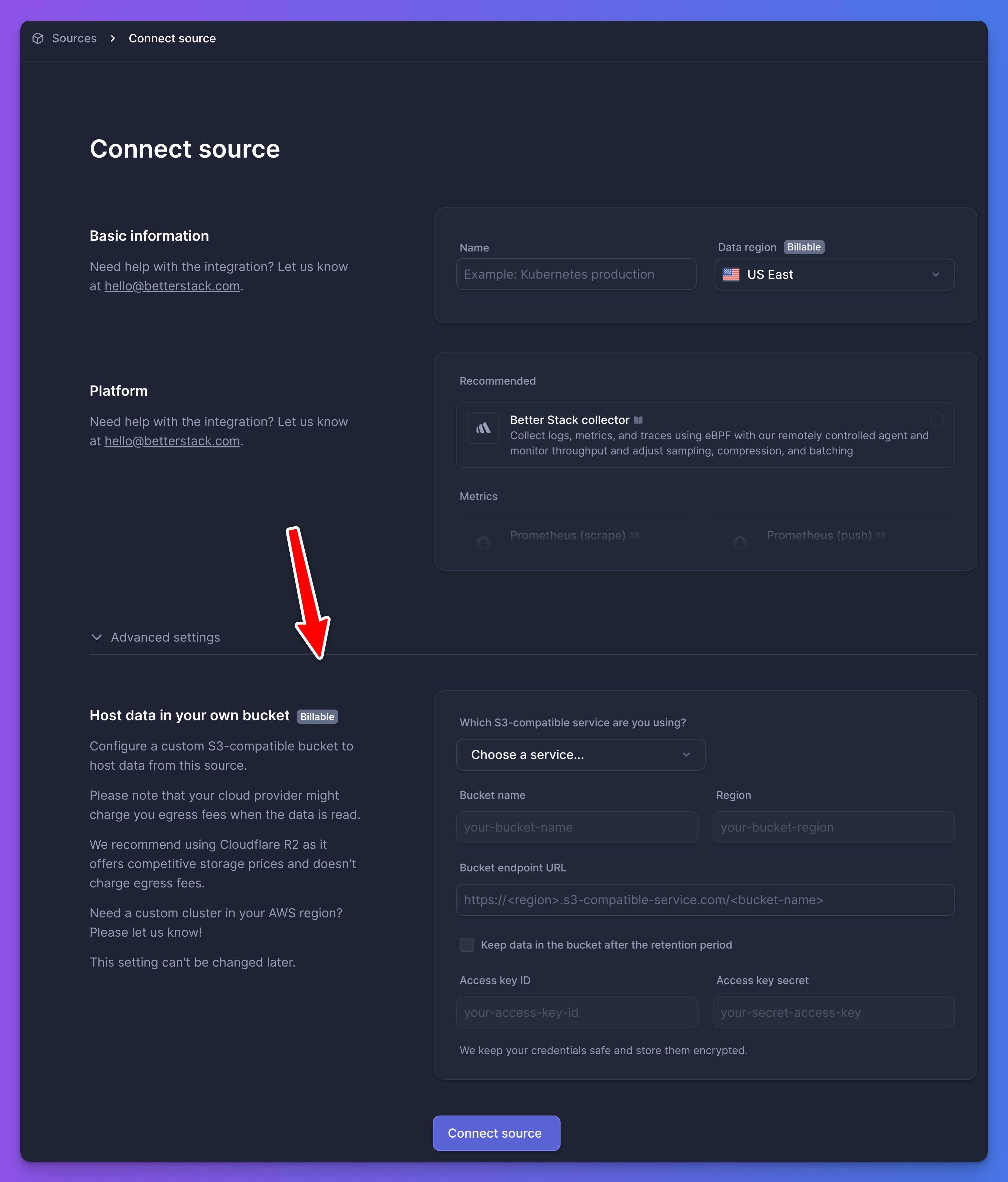 Advanced settings in source creation