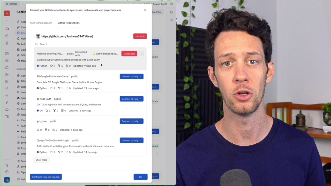 The GitHub integration settings page in Huly, listing available repositories with "Connect to Huly" buttons.