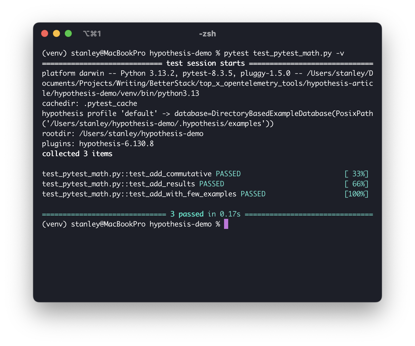 Screenshot of the Pytest output