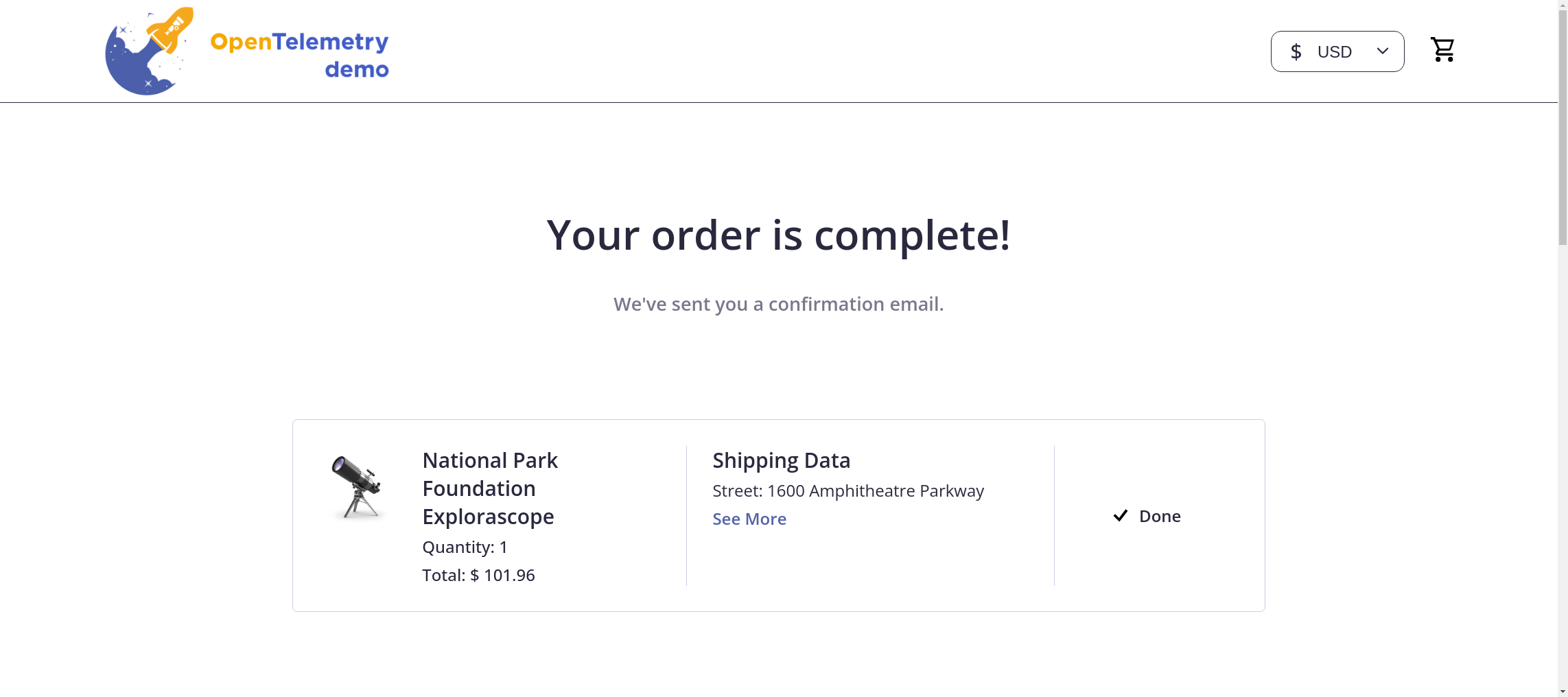 OpenTelemetry Demo order confirmation