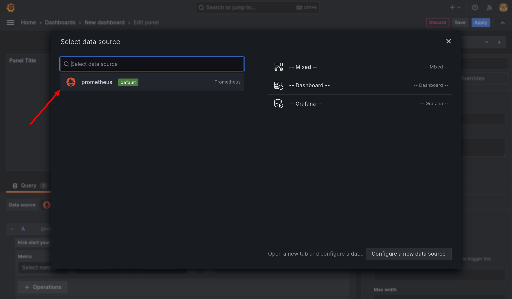 Grafana select data source
