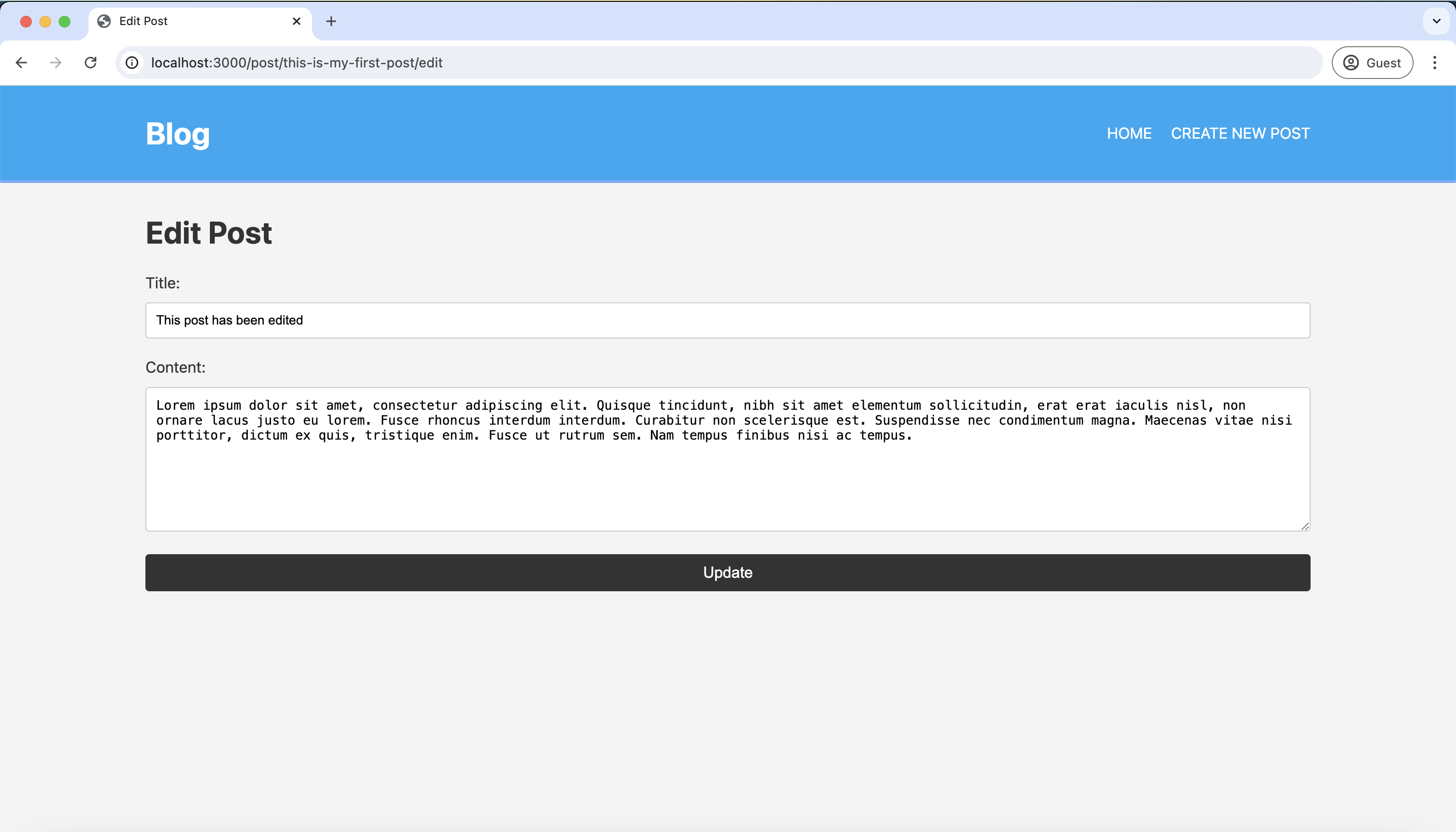 Screenshot showing the edited form contents