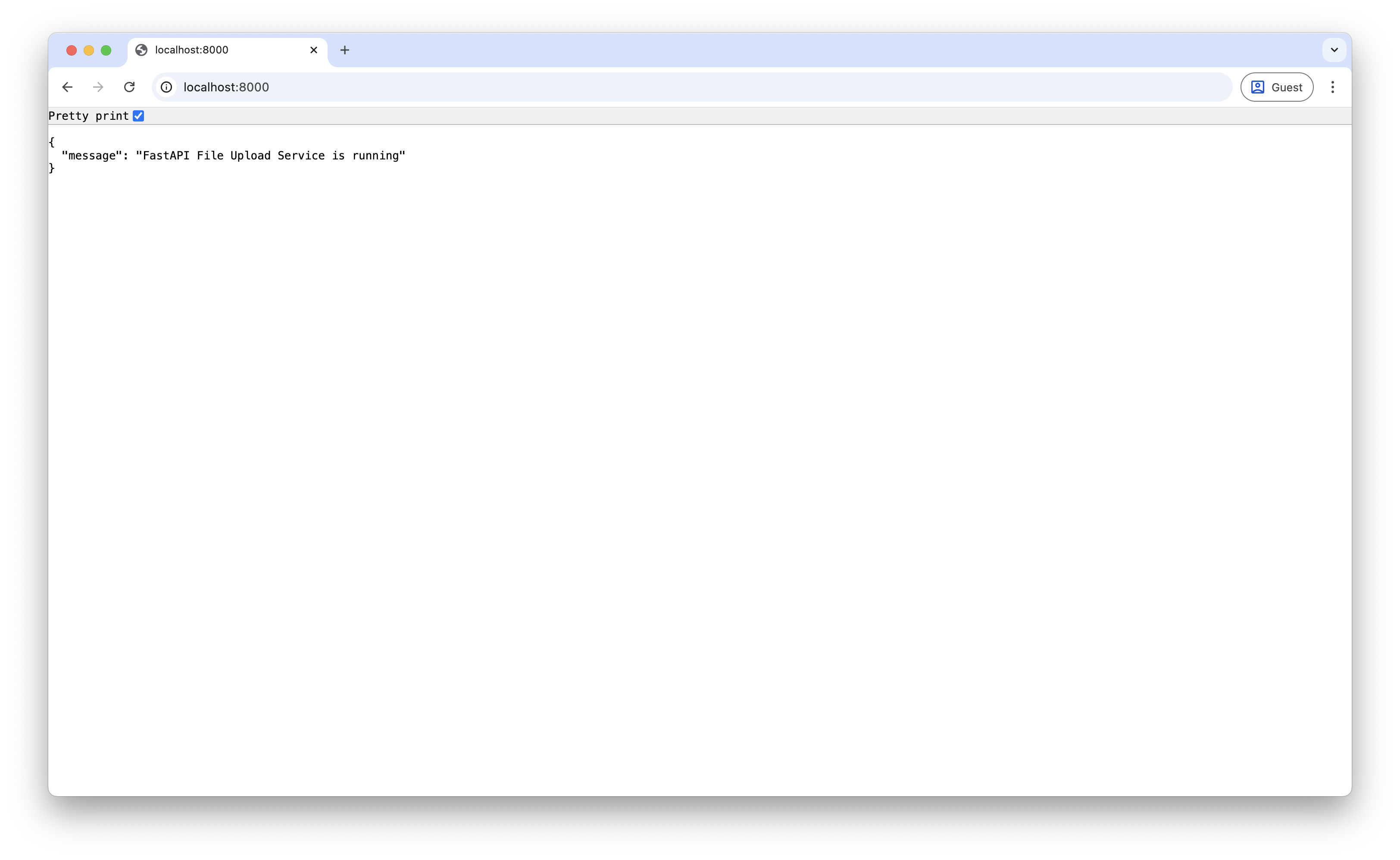Screenshot showing the basic FastAPI response in a browser with the JSON message confirming the service is running