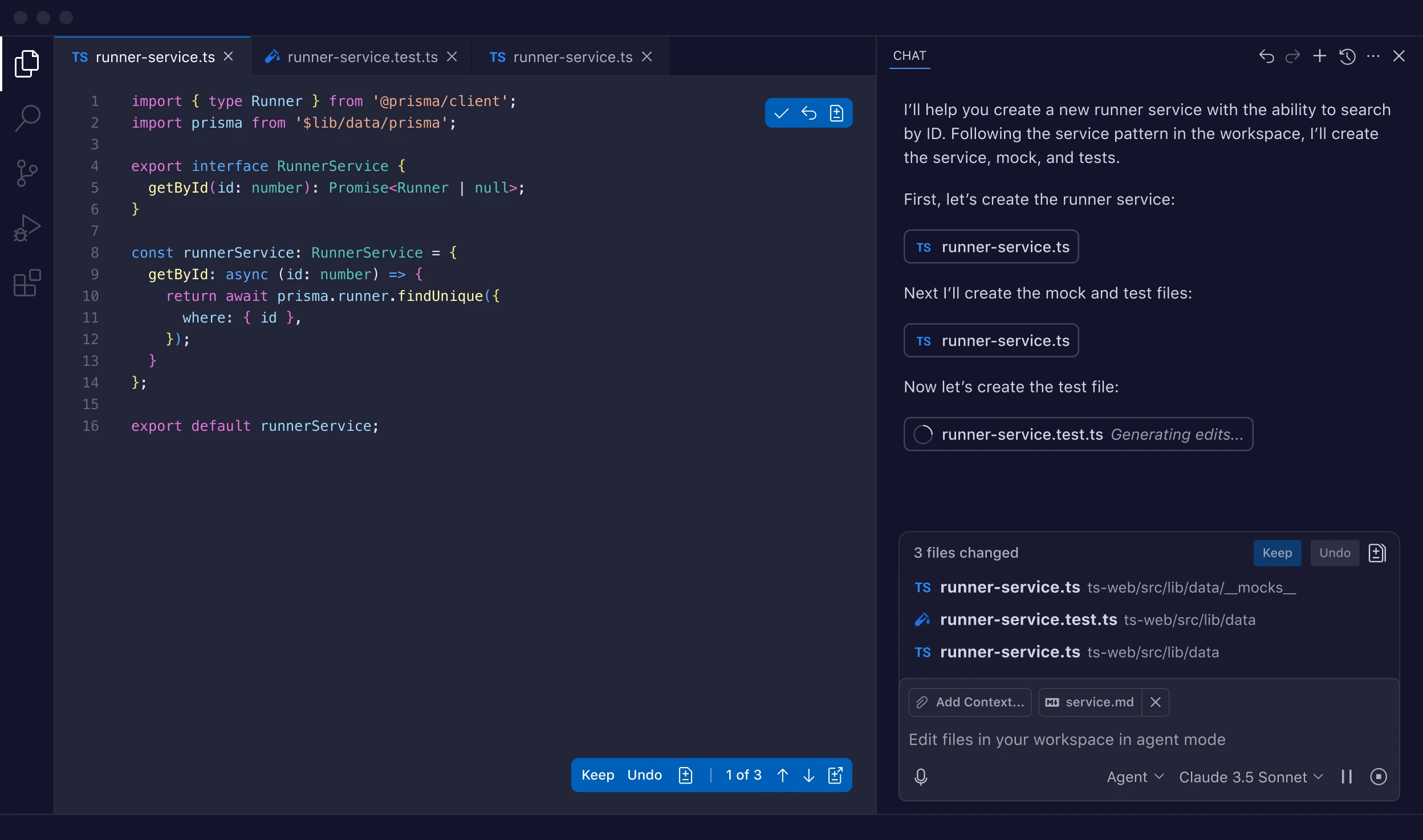 GitHub Copilot interface showing agent mode and code suggestions