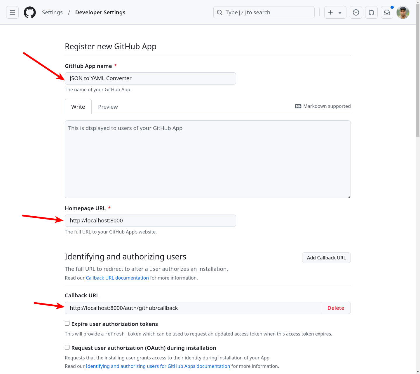 GitHub Register New App page