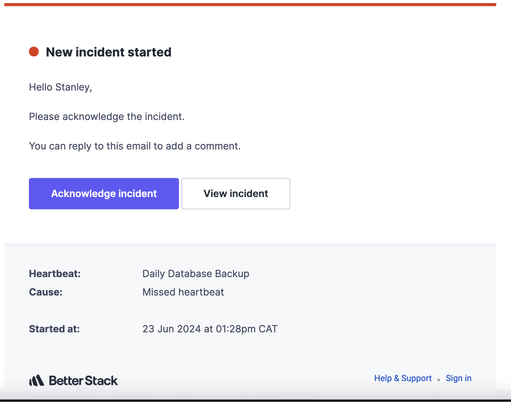 Screenshot of an email sent by Better Stack