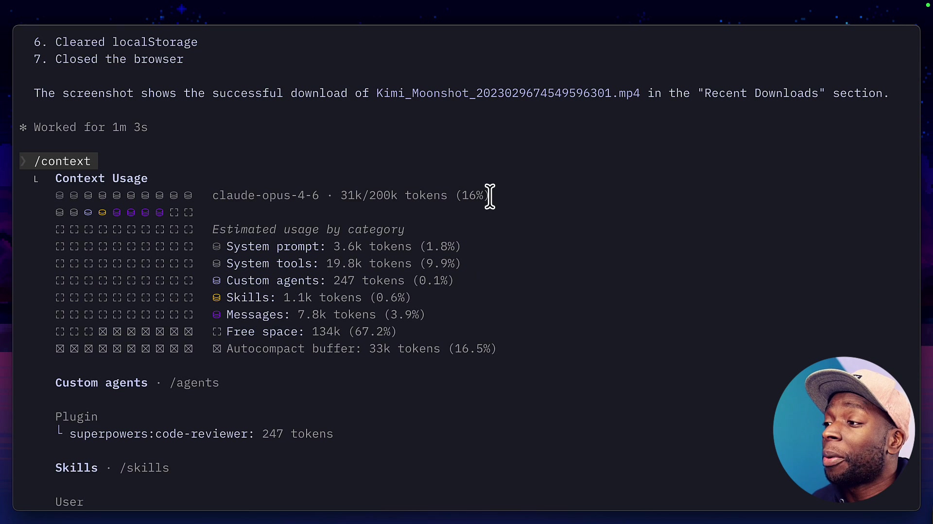 The terminal shows the detailed context usage report. The total usage is 31k/200k tokens, which is 16% of the available context.
