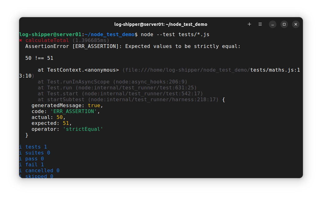 Screenshot showing a failing test