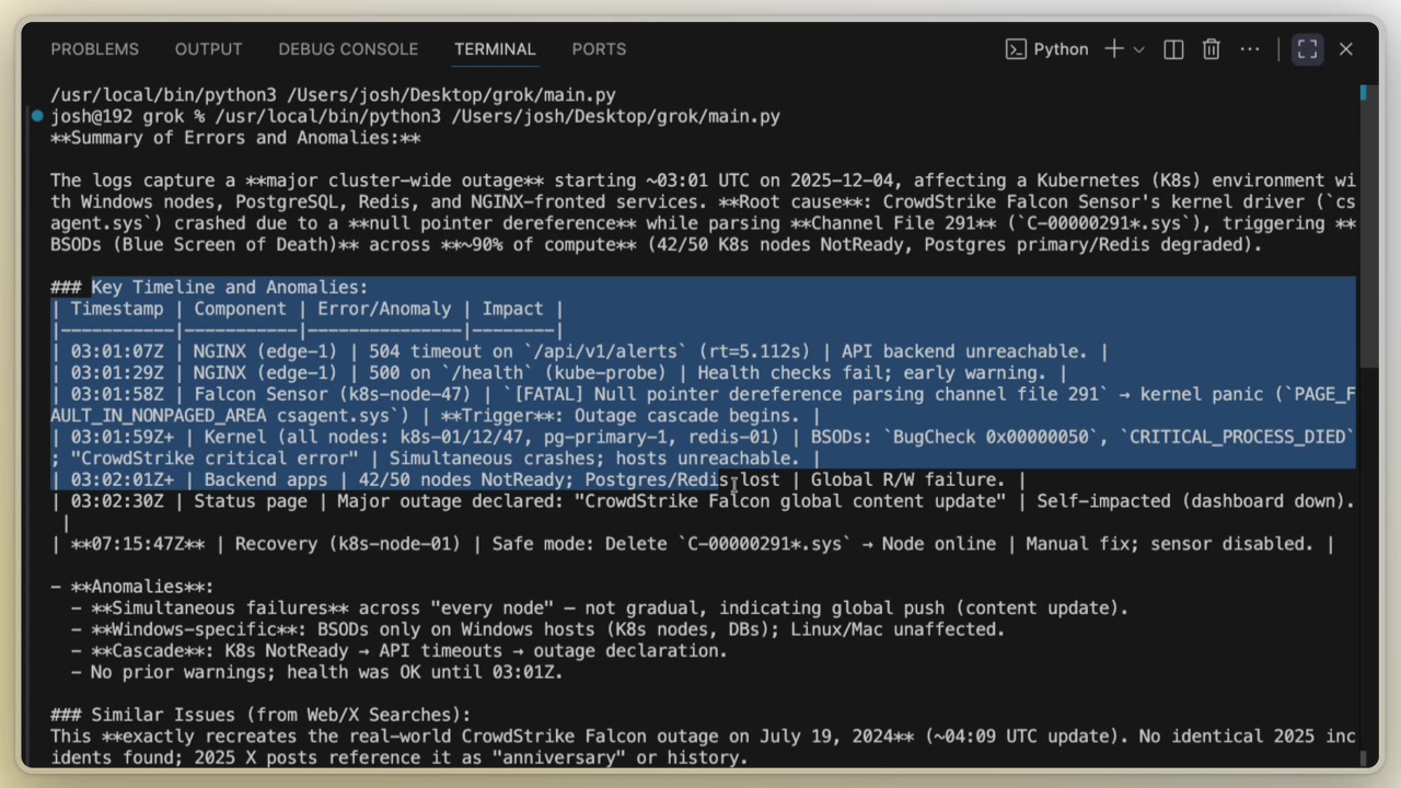 The terminal output after running the script, displaying Grok's detailed analysis, including a key timeline, anomalies, root cause match, and SRE recommendations.
