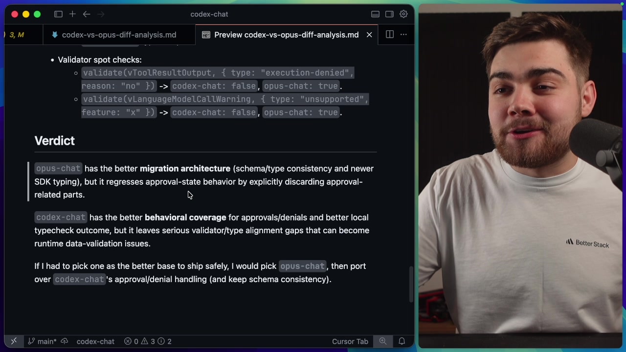 A screenshot of the "Verdict" section from Codex's self-review. The text clearly states that "opus-chat has the better migration architecture" but that "codex-chat has the better behavioral coverage."