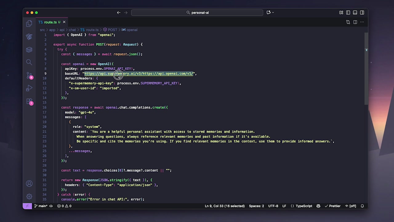 A close-up of the code editor showing the OpenAI client initialization, with the baseURL and defaultHeaders properties clearly visible.