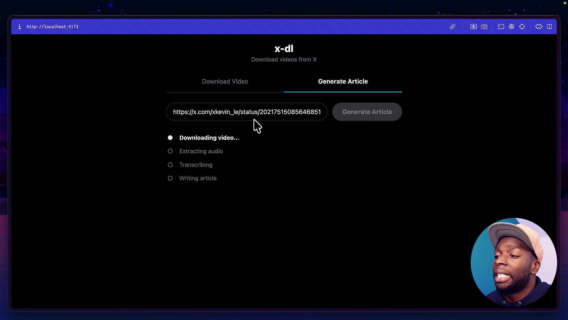 The UI shows a list of steps for article generation with animated dots indicating the current process.