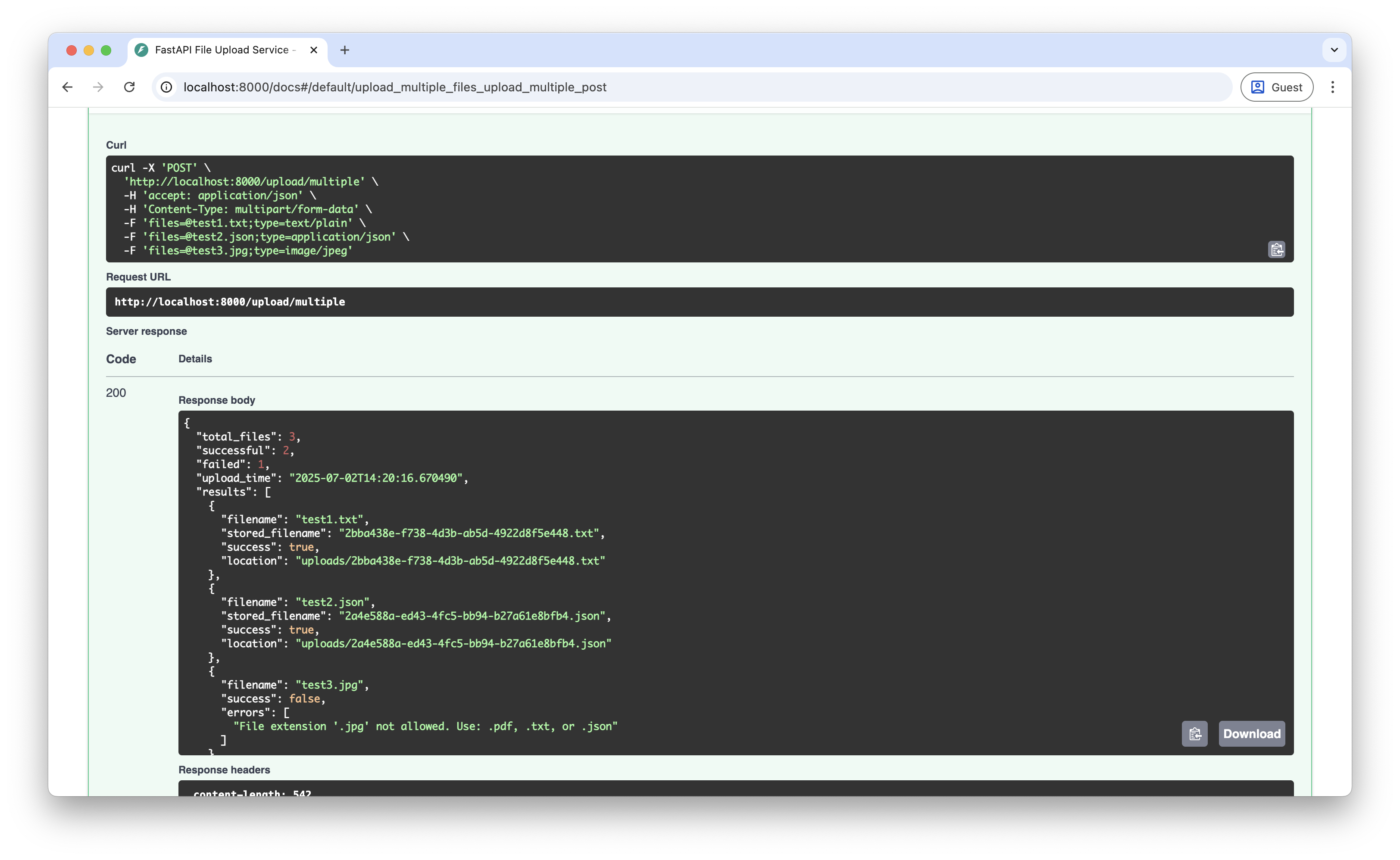 Screenshot of the output