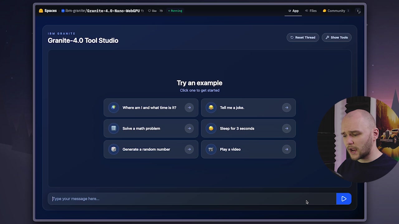 The initial interface of the Granite-4.0 Tool Studio, showing various example prompts for the user to try.