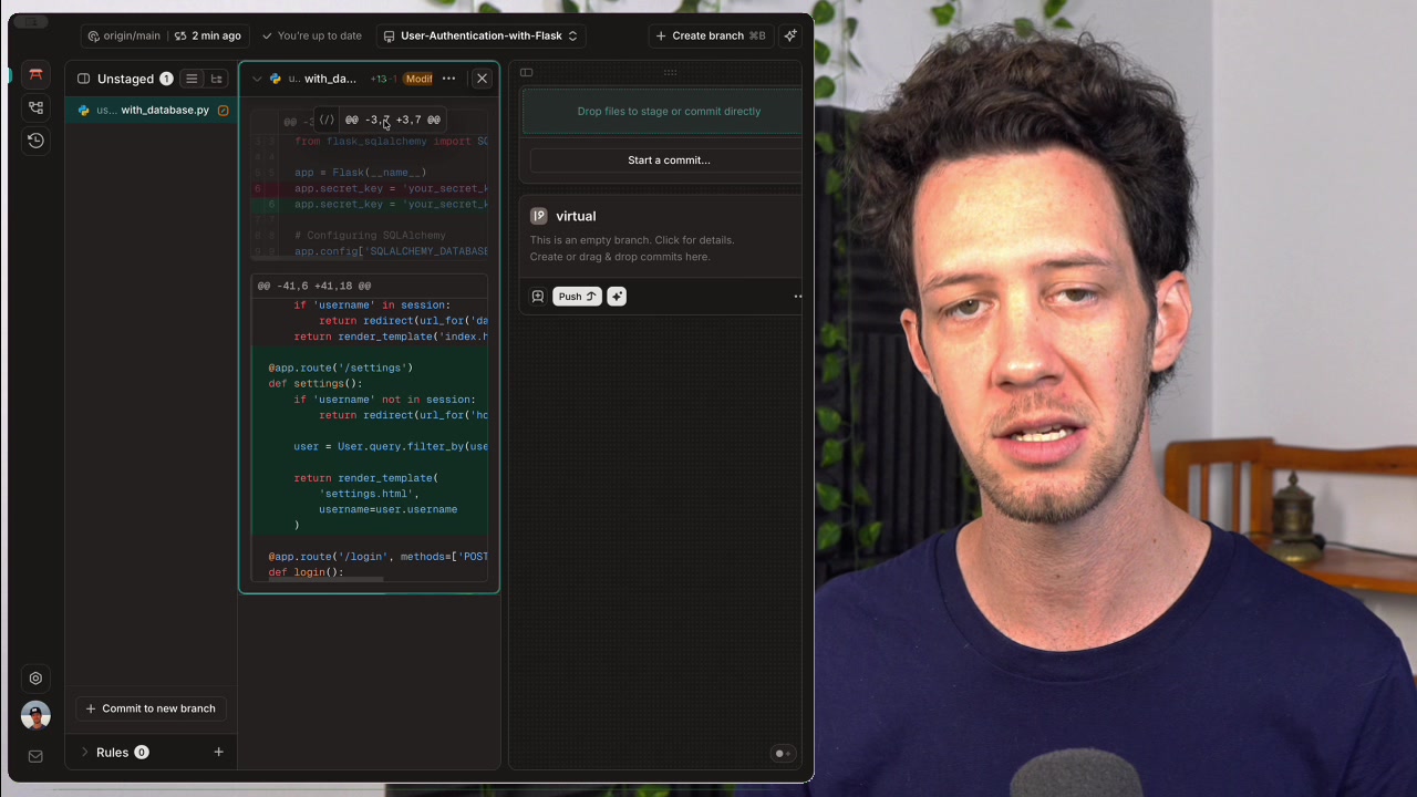 The core GitButler UI showing a hunk of code being dragged from the left-hand "Workspace" panel to a virtual branch on the right.