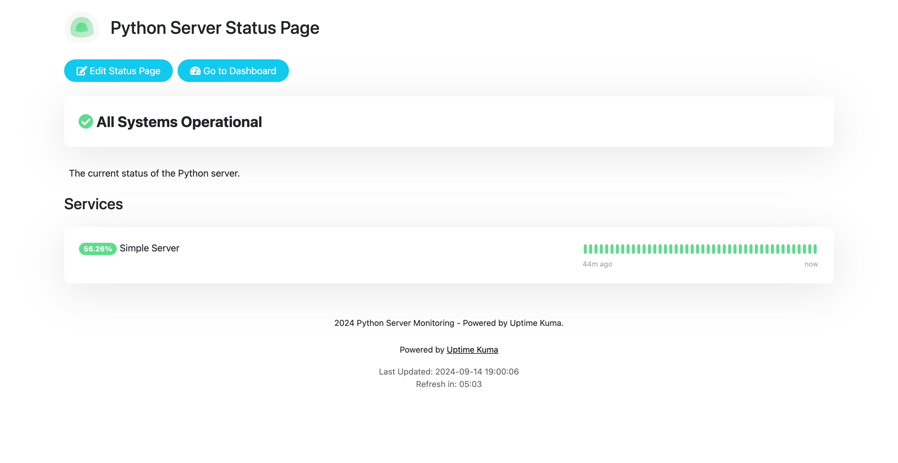 Screenshot of status page
