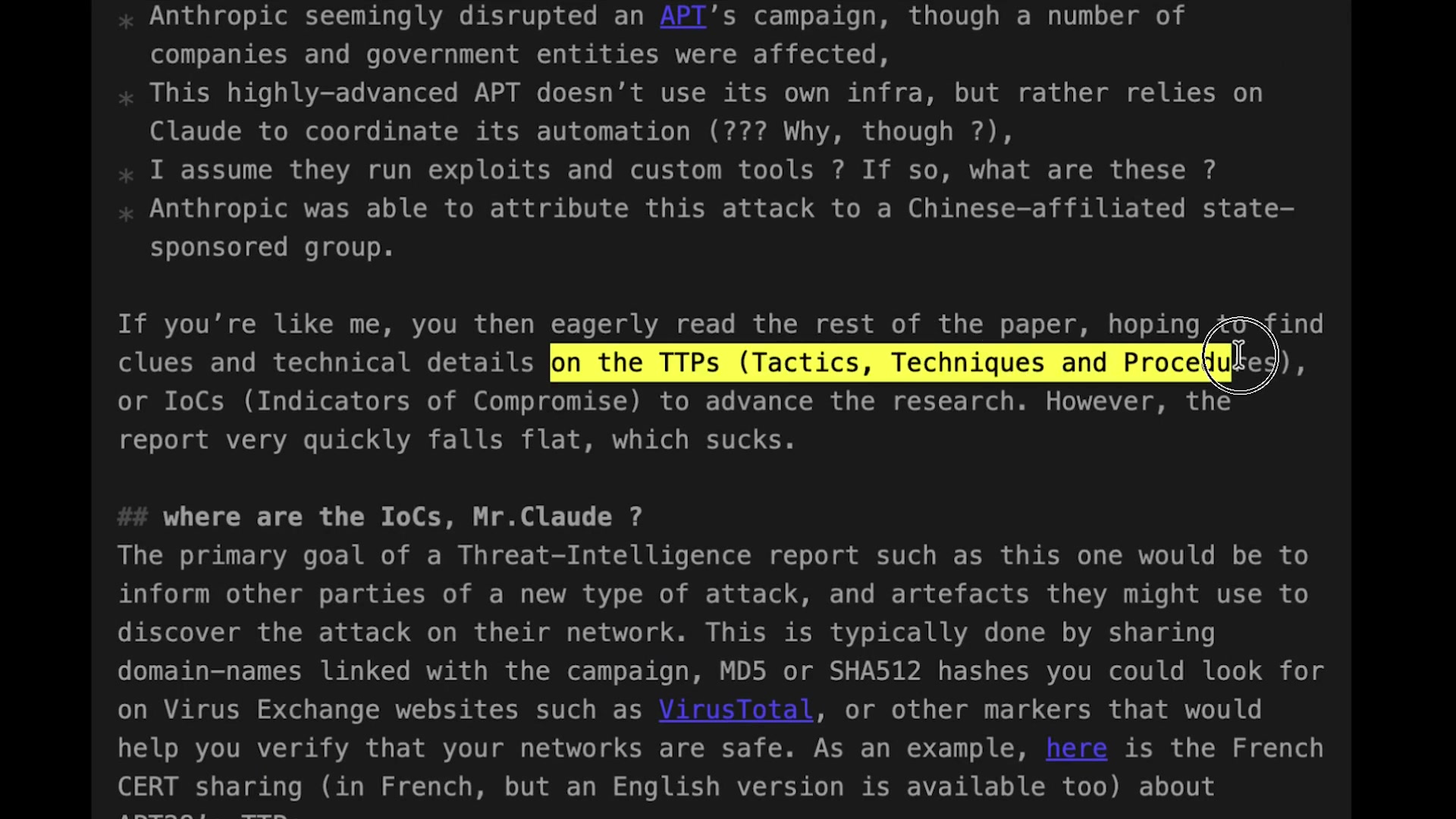 The djnnvx blog post highlighting the crucial missing elements of TTPs (Tactics, Techniques and Procedures) and IoCs (Indicators of Compromise).