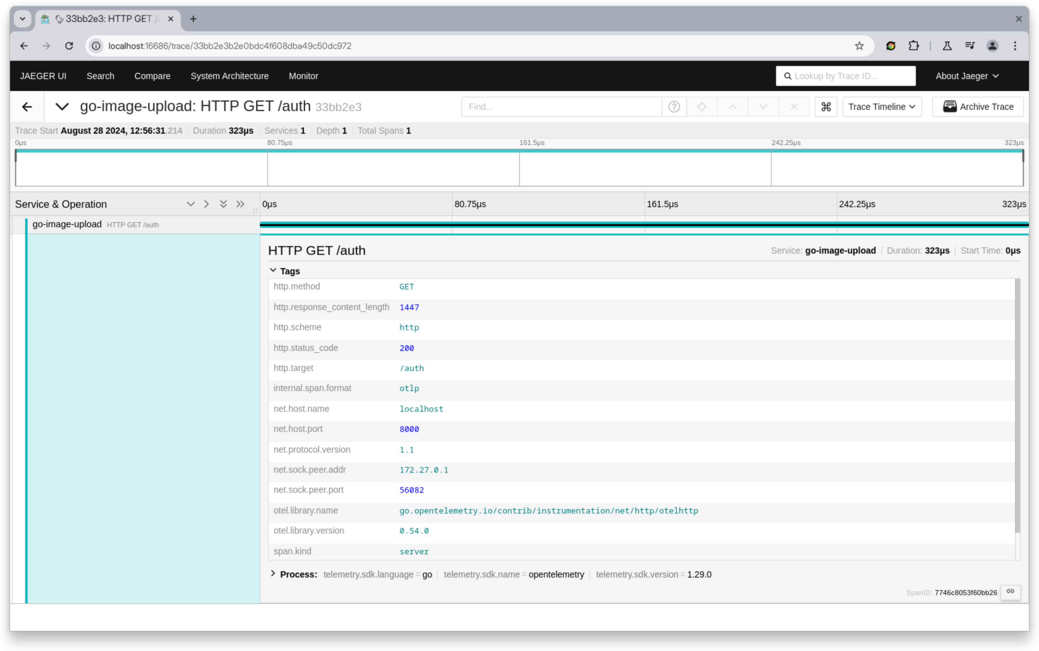 Jaeger UI showing component spans in a trace