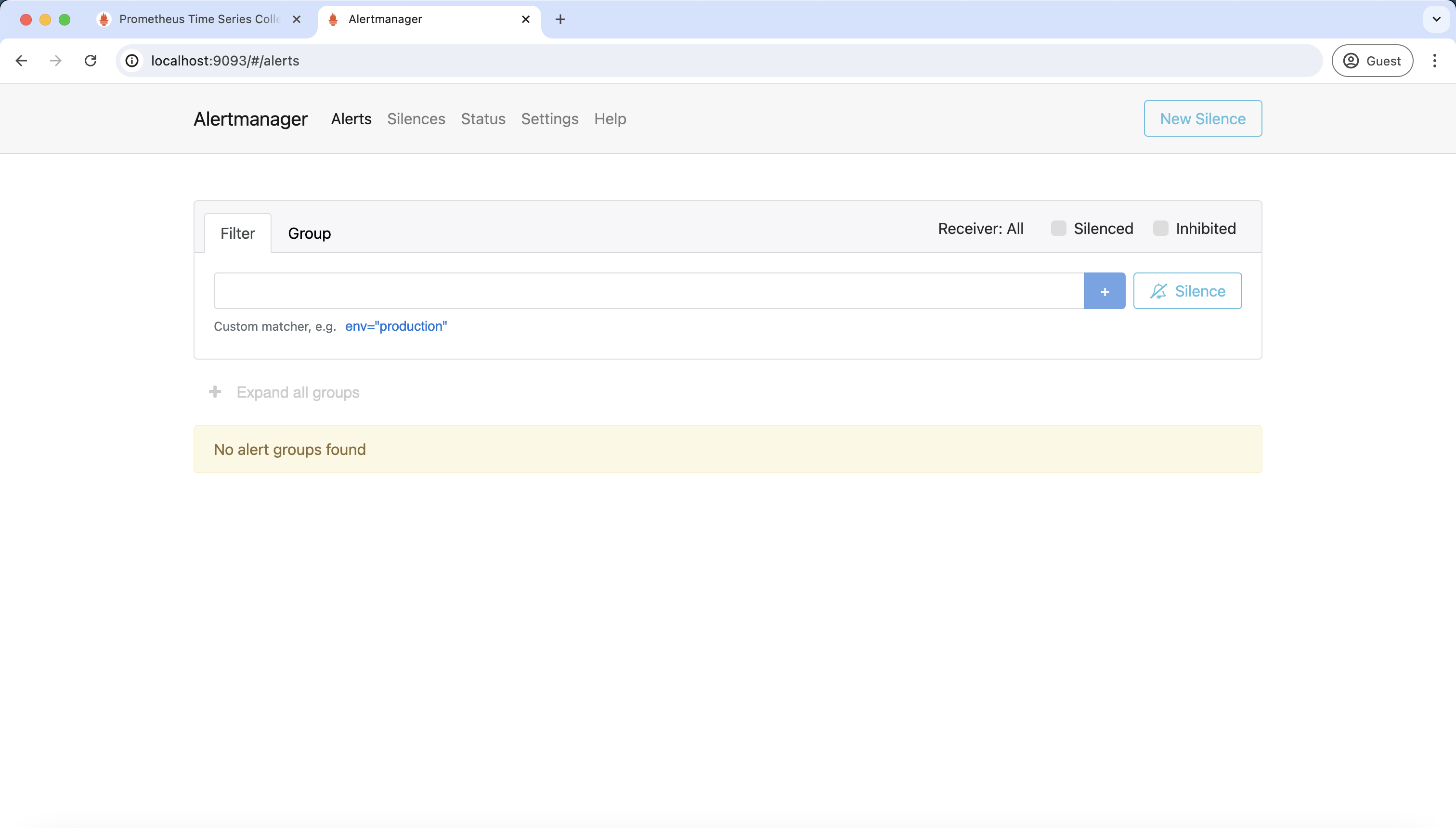 Screenshot of the Alertmanager working