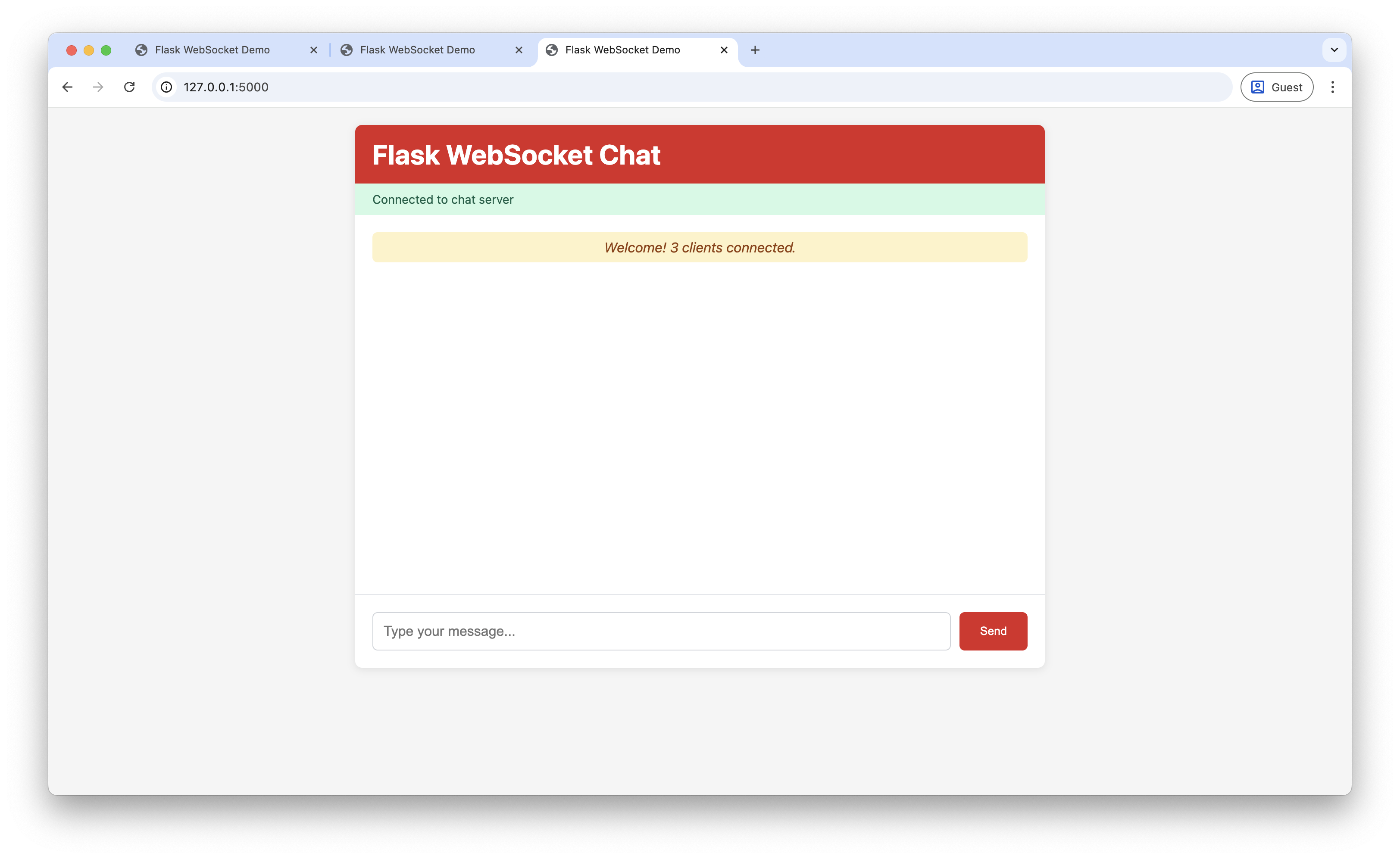 Screenshot showing multiple welcome messages and user join notifications in Flask WebSocket chat