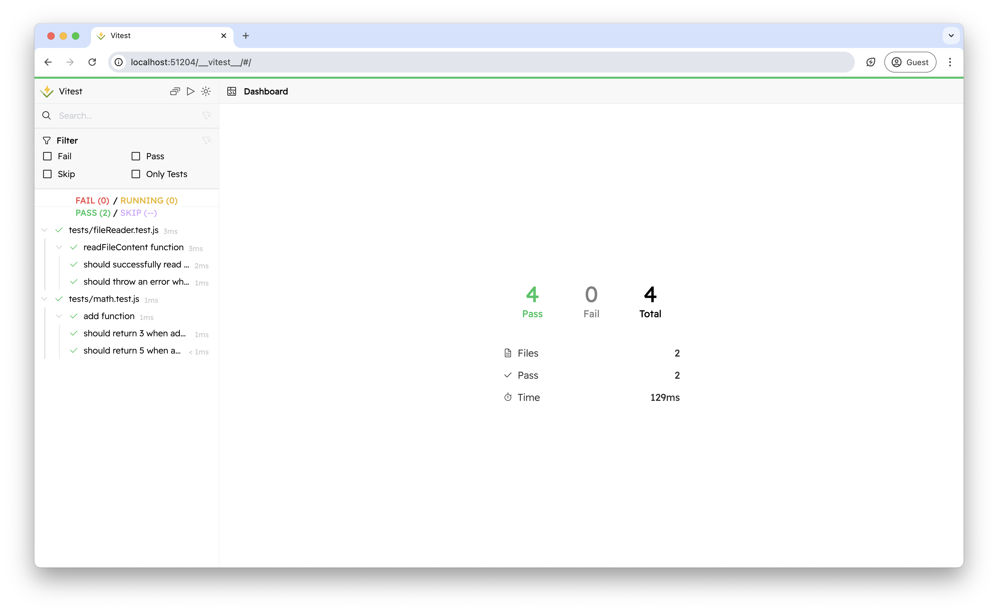 Screenshot of Vitest UI