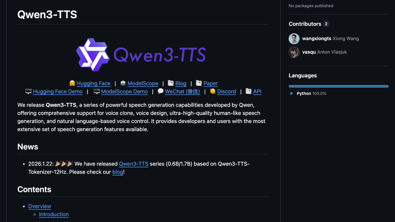 The Qwen3-TTS GitHub repository page, providing access to the code, demos, and documentation.