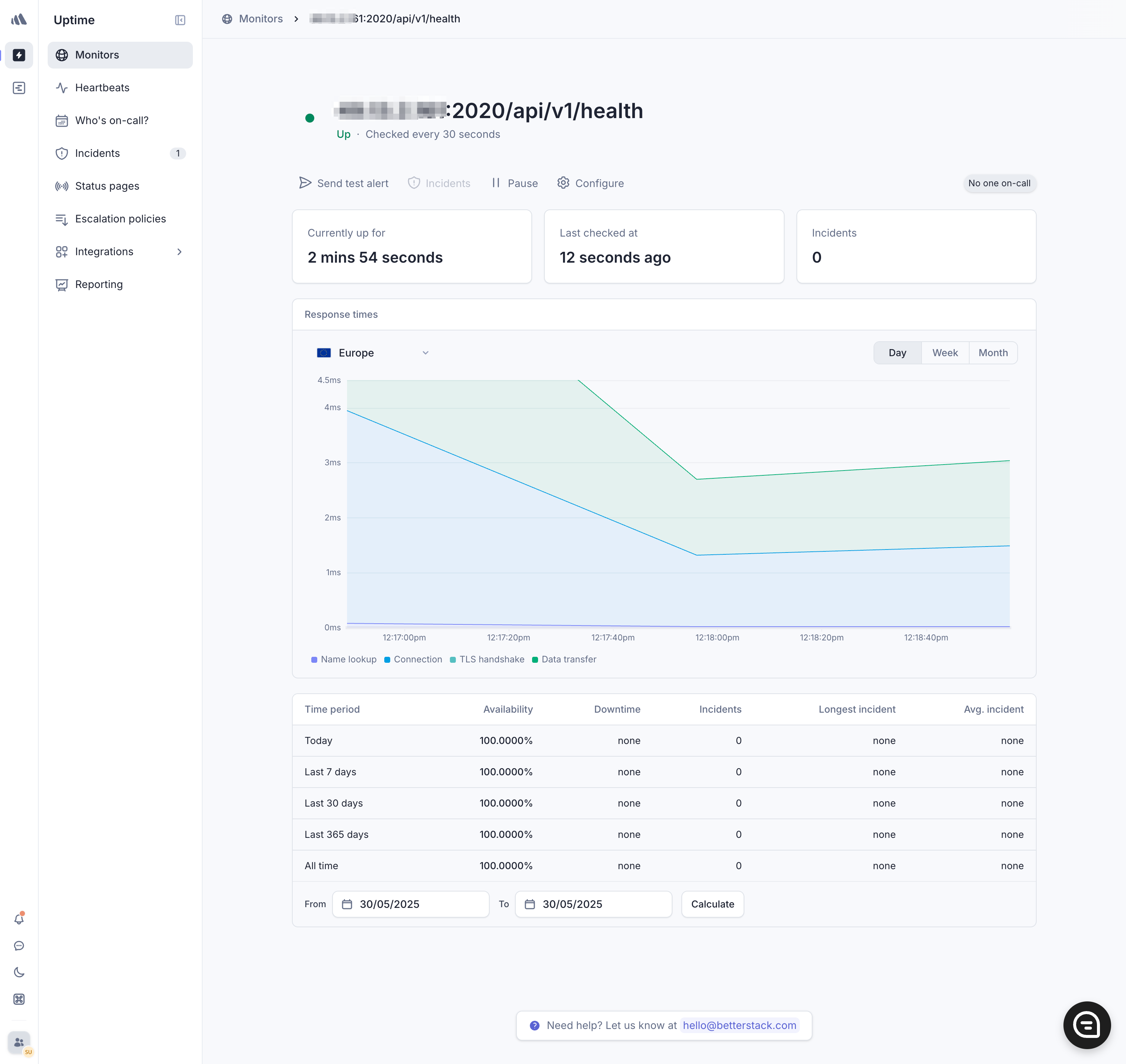 Screenshot of Better Stack monitoring `health` endpoint