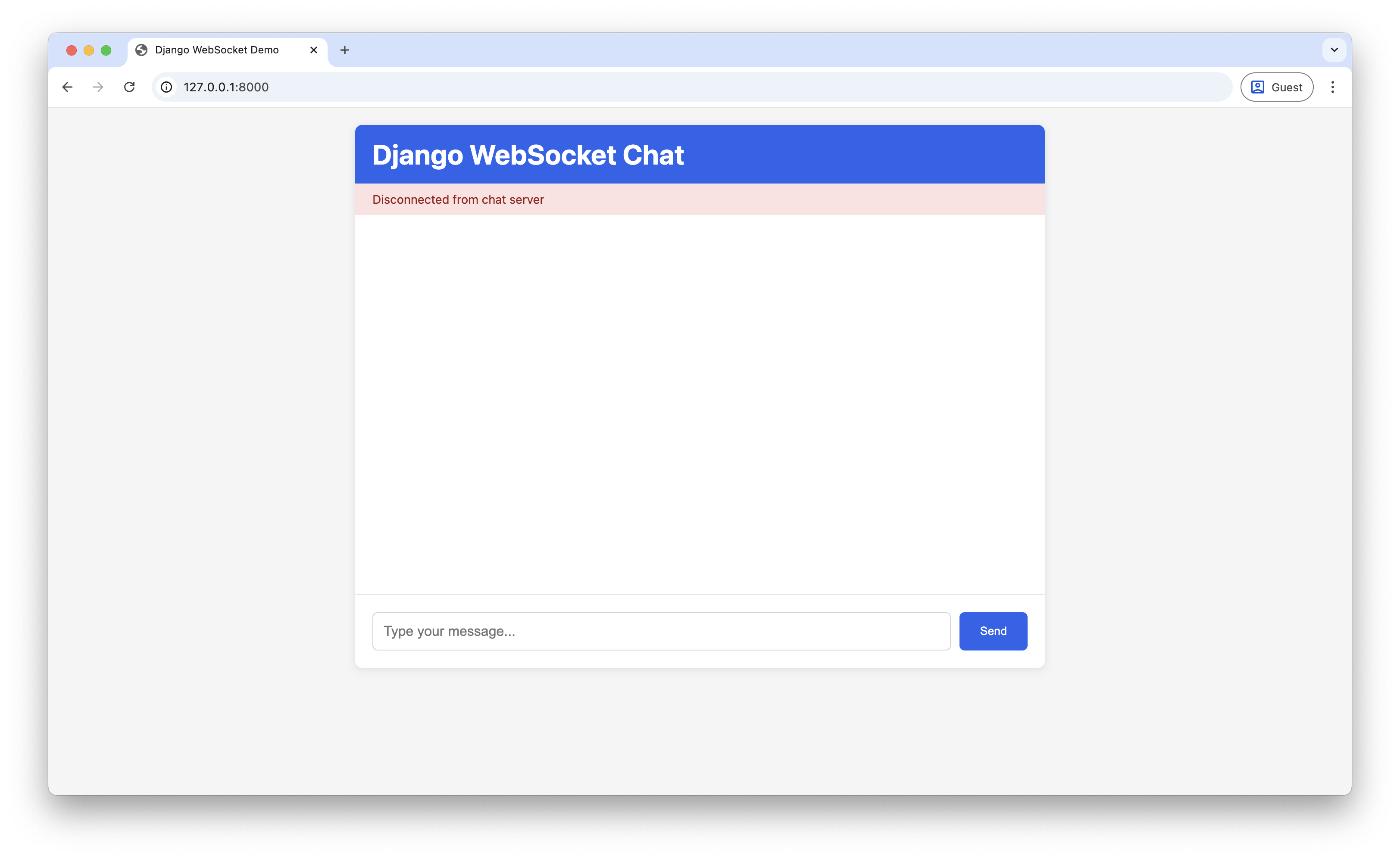 Screenshot of Django WebSocket chat interface showing initial disconnected state