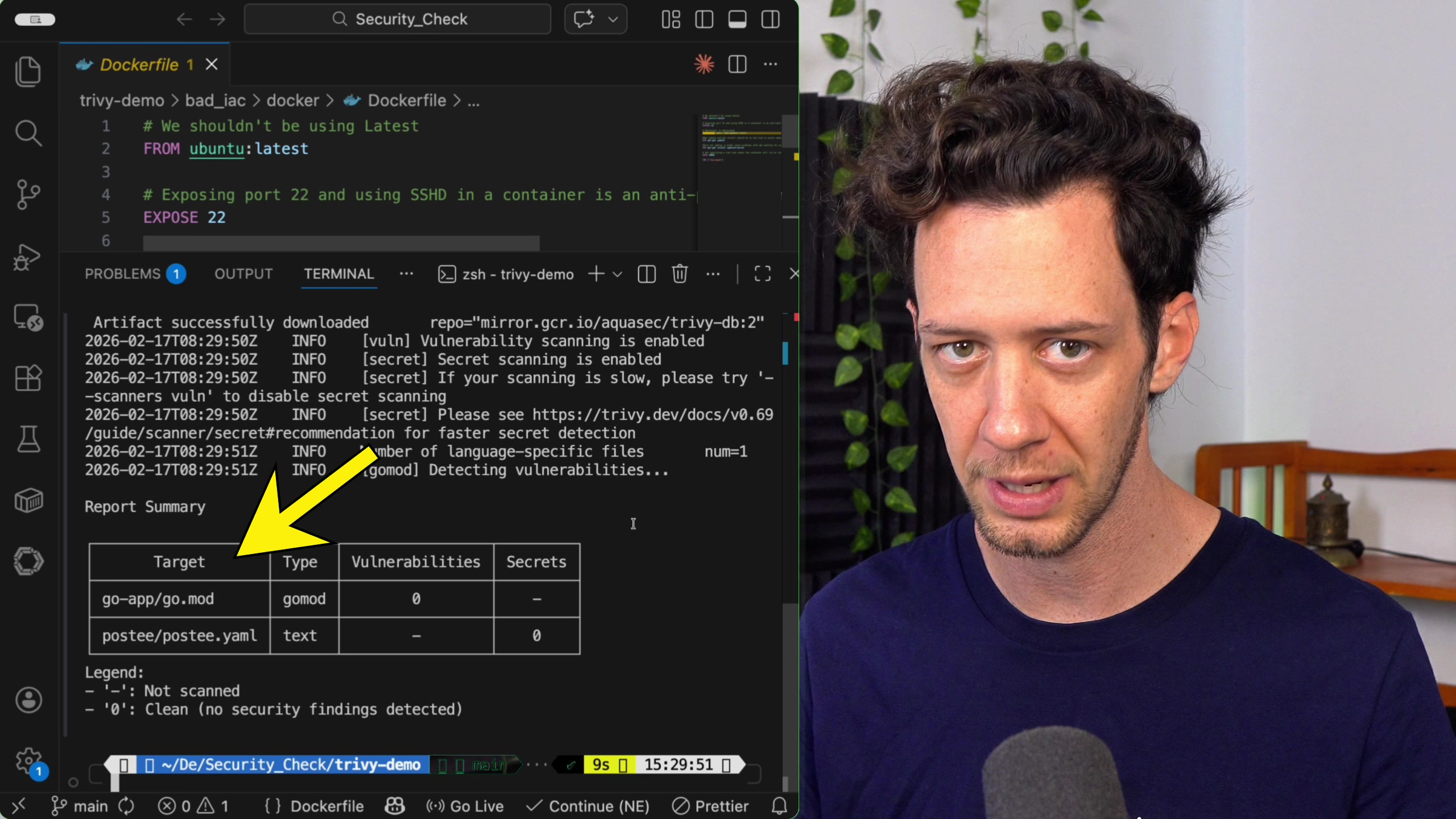 The summary report from a Trivy filesystem scan, showing results for different targets like a go.mod file and a postee.yaml file within the same repository.