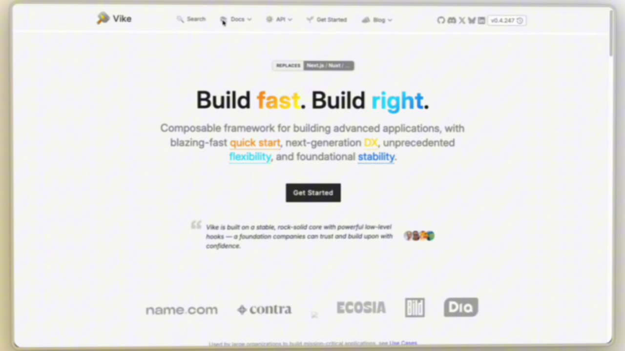 The Vike homepage, displaying its core mission statement: "Build fast. Build right."
