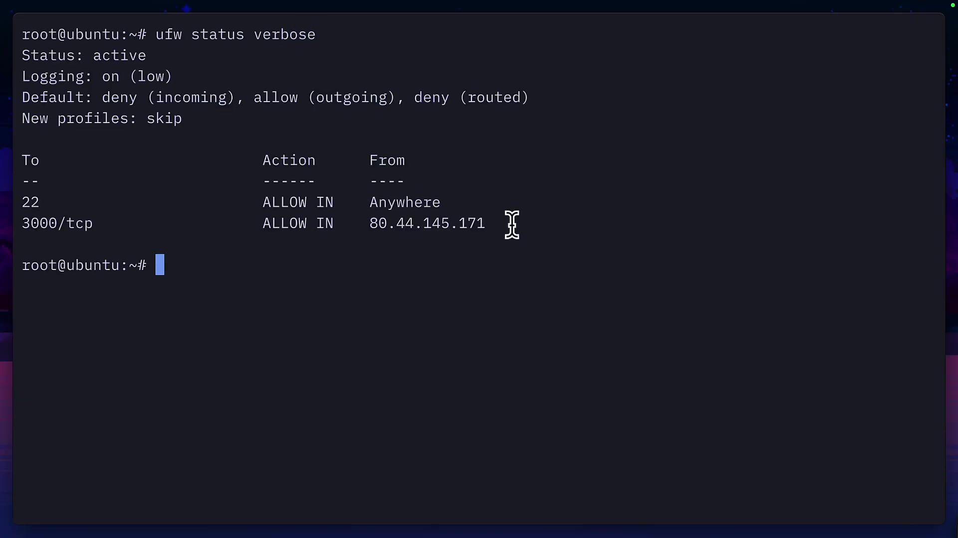 The output of the `sudo ufw status verbose` command, showing the rules that were created in `tufw` in the standard command-line format.