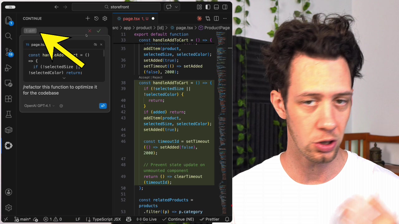 An interactive diff preview in the Continue sidebar, allowing the user to review, accept, or reject AI-suggested code changes.