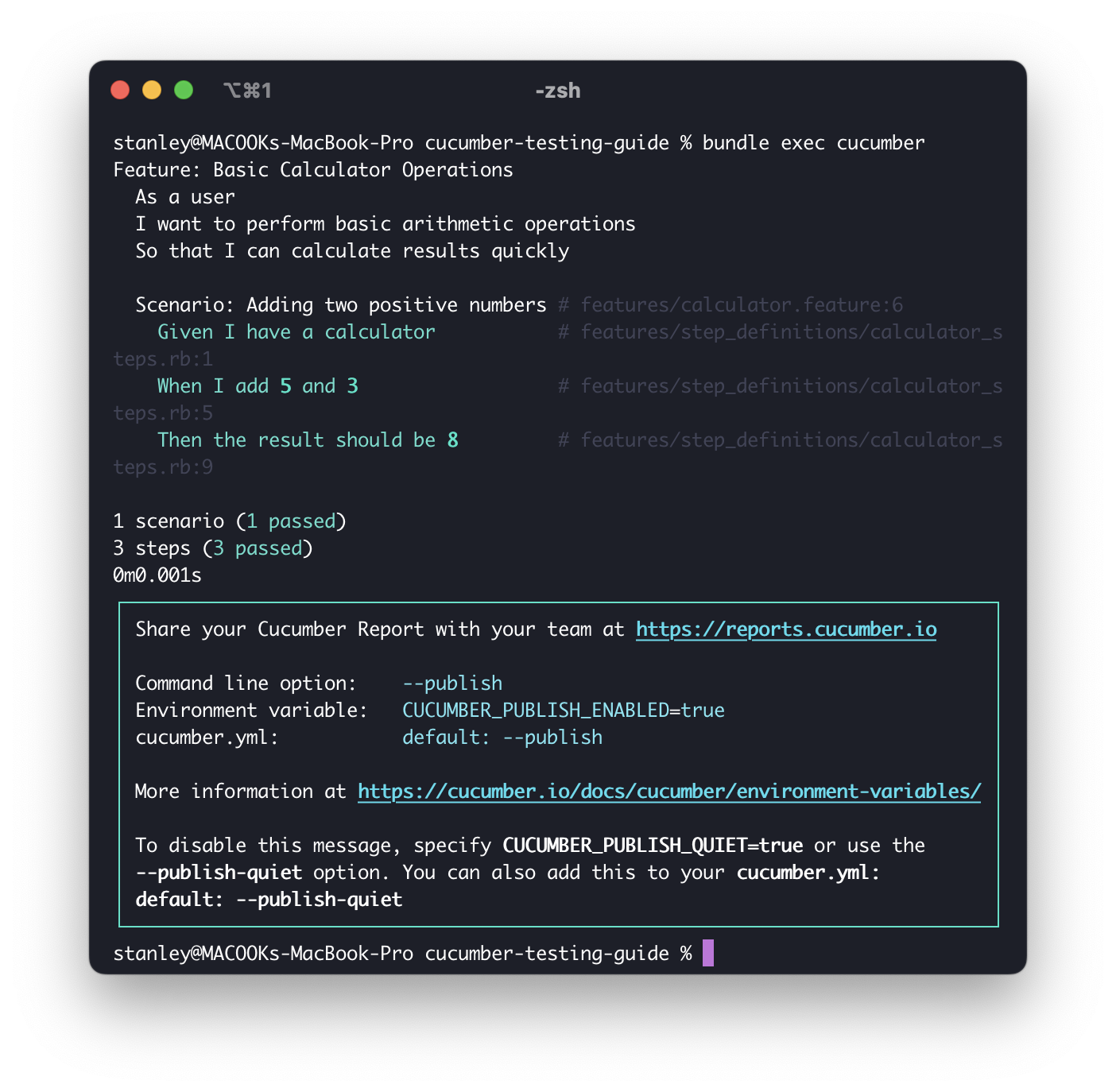 Screenshot showing Cucumber's colorized terminal output with green text for passing scenarios