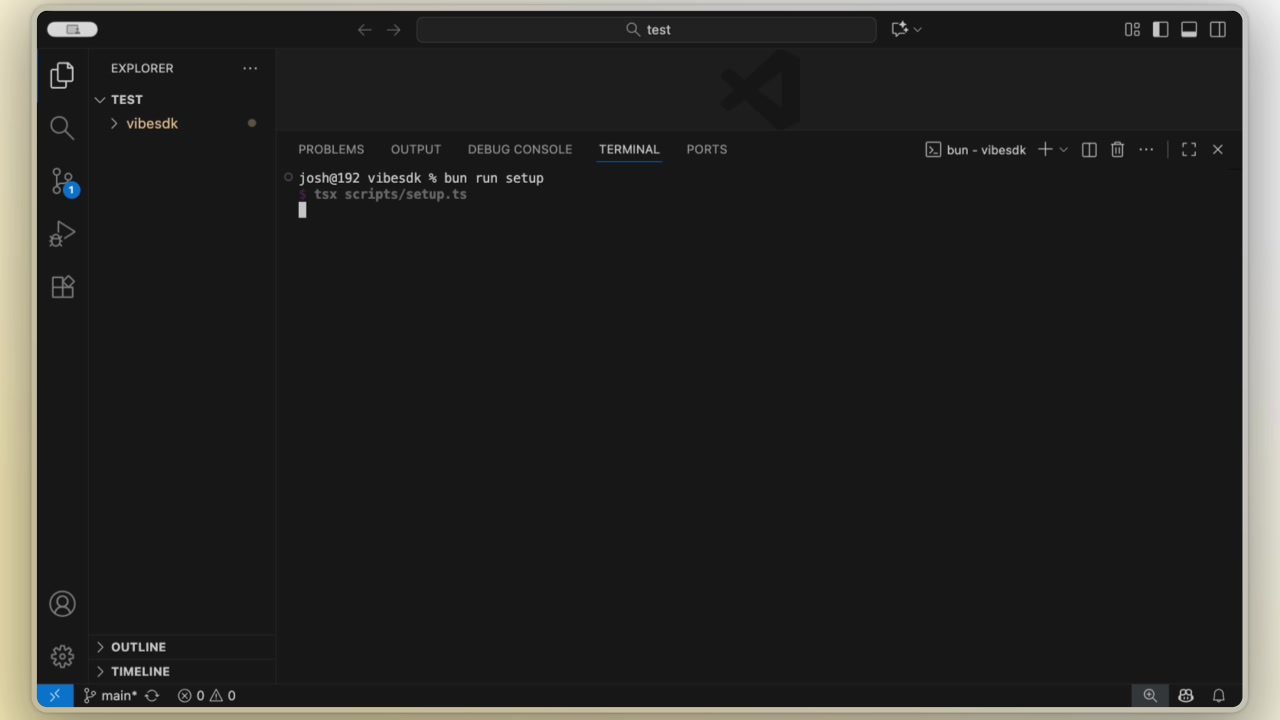 A terminal window showing the `bun run setup` command initiating the interactive configuration process.